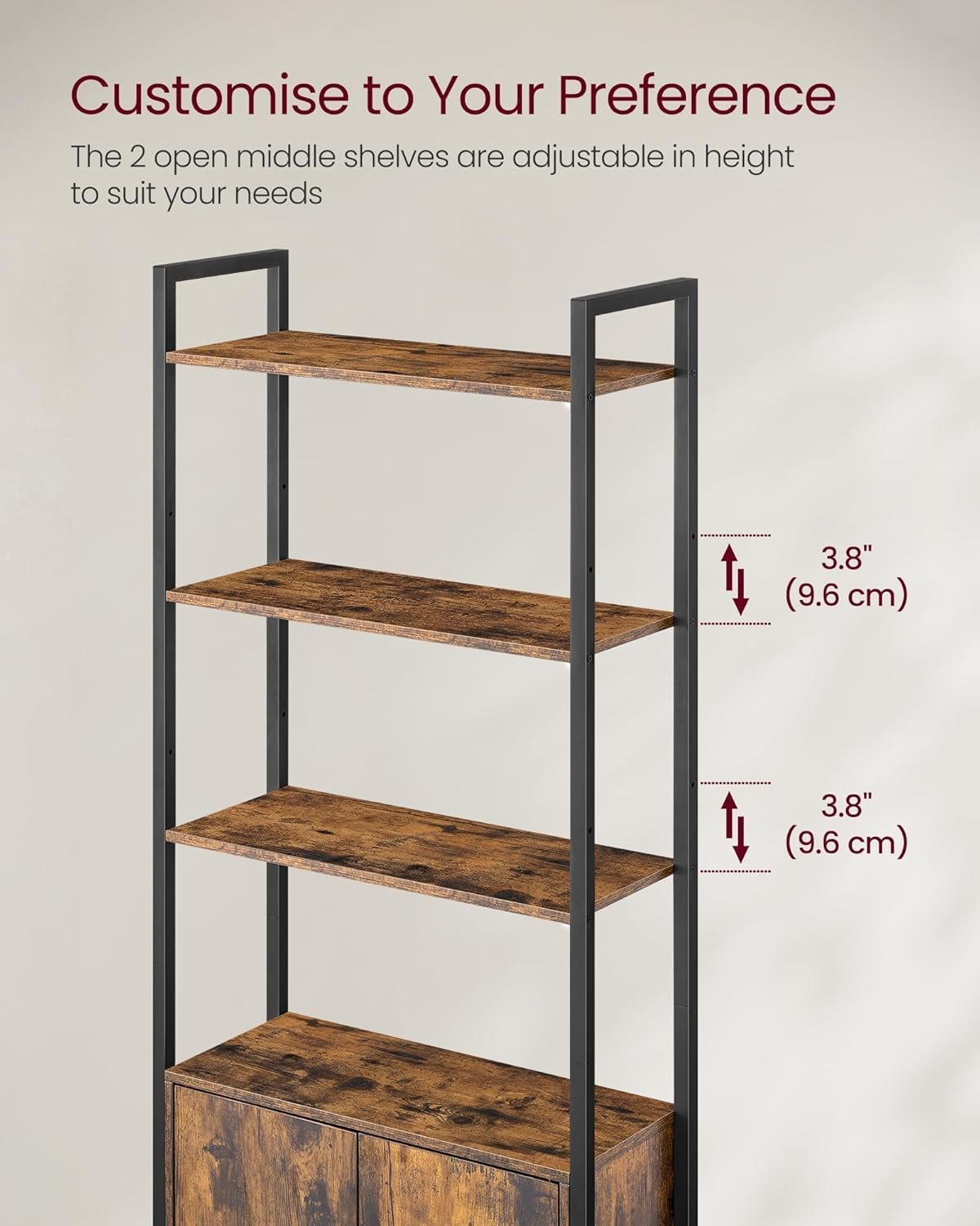 vasagle biblioteca cu rafturi deschise si dulap integrat, cadru metalic si pal, 24x60x160 cm, maro rustic 4 VASAGLE Biblioteca cu rafturi deschise si dulap integrat, cadru metalic si PAL, 24x60x160 cm, maro rustic - imagine 4