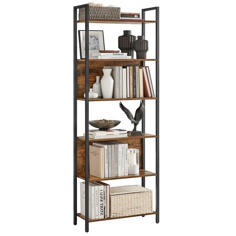 vasagle biblioteca cu 6 rafturi, stil industrial, cadru metalic si pal, 128x24x187 cm, maro rustic 1 VASAGLE Biblioteca cu 6 rafturi, stil industrial, cadru metalic si PAL, 128x24x187 cm, maro rustic