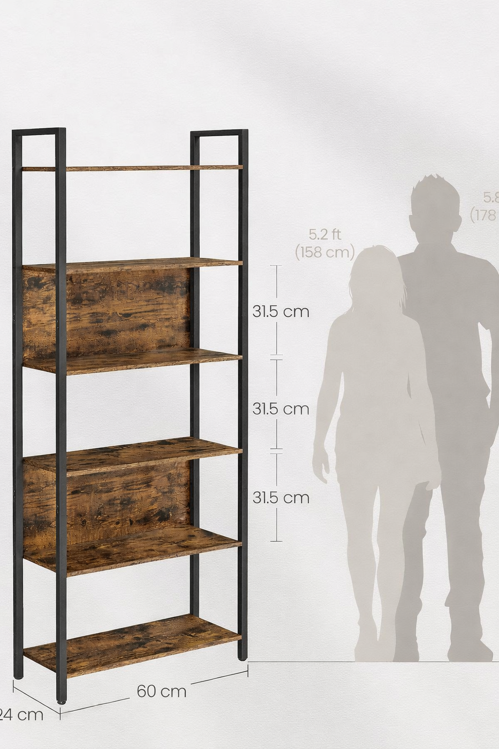 vasagle biblioteca cu 6 rafturi, stil industrial, cadru metalic si pal, 128x24x187 cm, maro rustic 3 VASAGLE Biblioteca cu 6 rafturi, stil industrial, cadru metalic si PAL, 128x24x187 cm, maro rustic - imagine 3