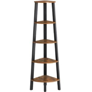 VASAGLE Raft de colt cu 5 etaje, tip biblioteca, cadru metal si polite lemn, 33x34x159cm, industrial, maro rustic si negru