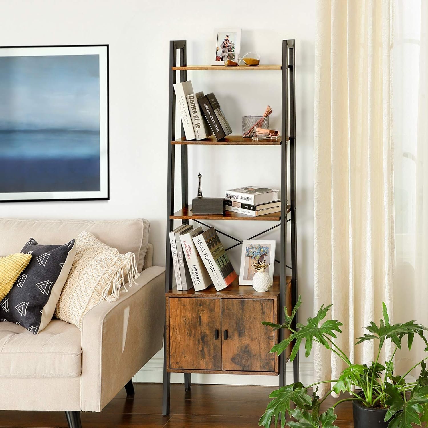 vasagle biblioteca tip scara, cu dulap si 4 rafturi din mdf, stil industrial, 34x56x172cm, maro rustic si negru 3 VASAGLE Biblioteca tip scara, cu dulap si 4 rafturi din MDF, stil industrial, 34x56x172cm, maro rustic si negru - imagine 3