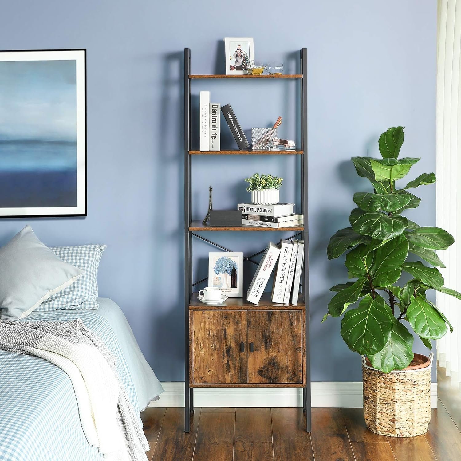 vasagle biblioteca tip scara, cu dulap si 4 rafturi din mdf, stil industrial, 34x56x172cm, maro rustic si negru 4 VASAGLE Biblioteca tip scara, cu dulap si 4 rafturi din MDF, stil industrial, 34x56x172cm, maro rustic si negru - imagine 4