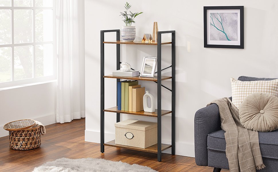 vasagle biblioteca cu 4 etaje din lemn, cadru otel, stil industrial, 66x30x120cm, maro rustic 2 VASAGLE Biblioteca cu 4 etaje din lemn, cadru otel, stil industrial, 66x30x120cm, maro rustic - imagine 2