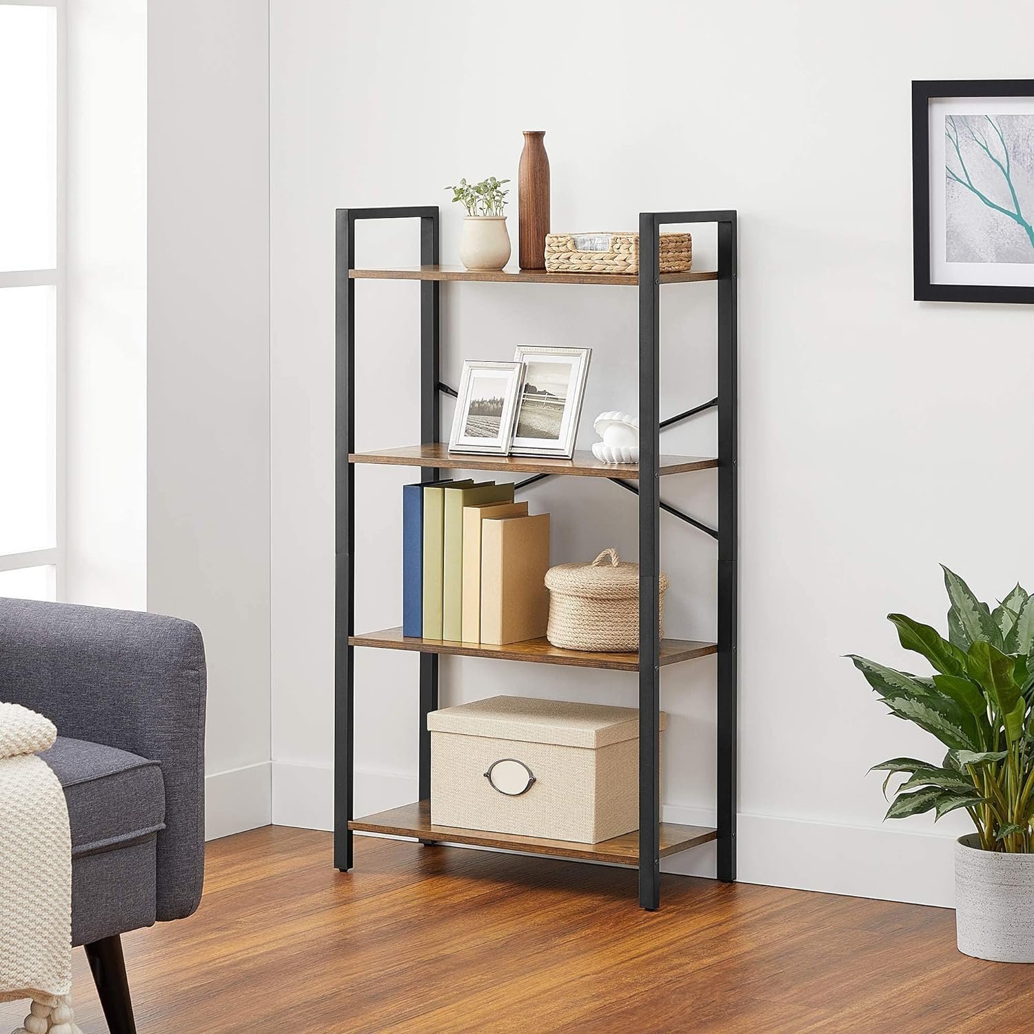 vasagle biblioteca cu 4 etaje din lemn, cadru otel, stil industrial, 66x30x120cm, maro rustic 4 VASAGLE Biblioteca cu 4 etaje din lemn, cadru otel, stil industrial, 66x30x120cm, maro rustic - imagine 4