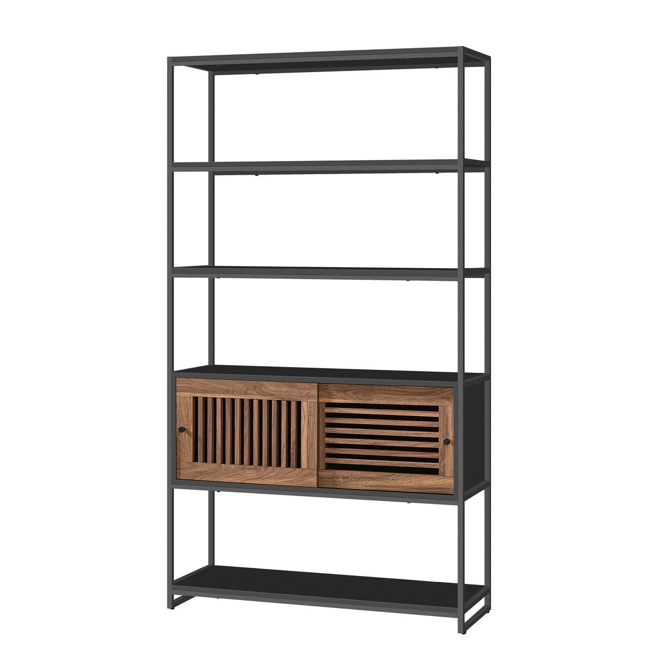VASAGLE Biblioteca cu 5 rafturi si dulap, rama metalica si finisaj MDF nuc, 100x35x180 cm, negru