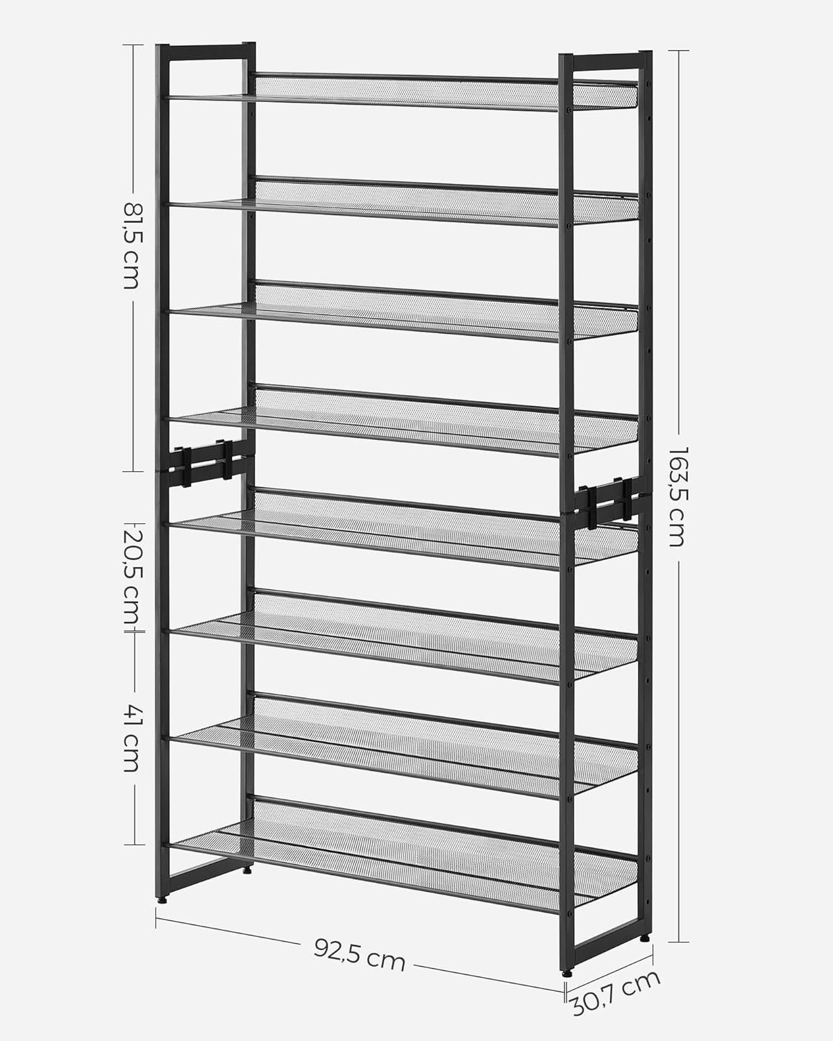 songmics raft pentru pantofi suprapozabil, pe 8 nivele, din metal, cu rafturi reglabile, pentru 32-40 perechi, 31x 92x163cm, negru 3 SONGMICS Raft pentru pantofi suprapozabil, pe 8 nivele, din metal, cu rafturi reglabile, pentru 32-40 perechi, 31x 92x163cm, negru - imagine 3