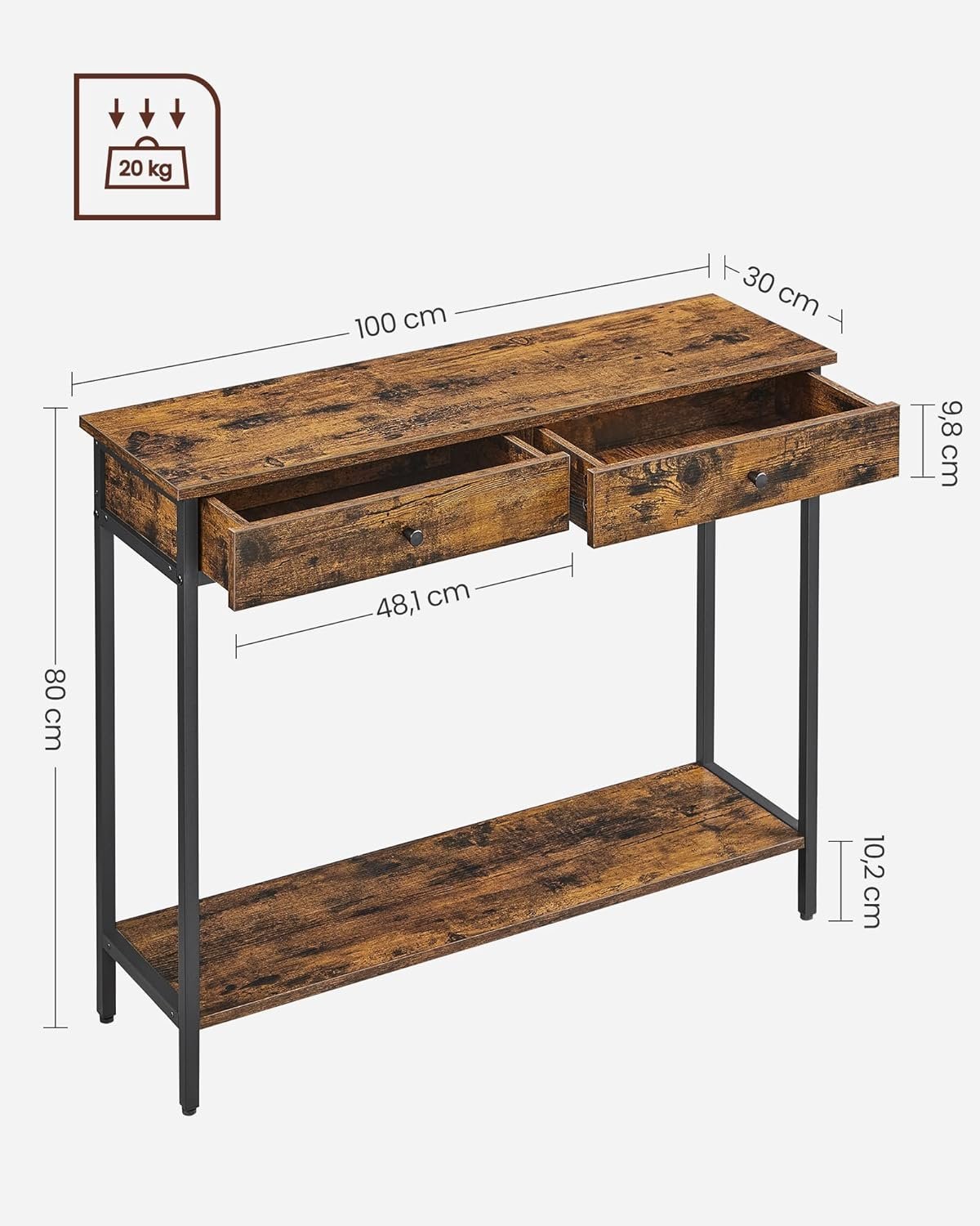 VASAGLE Masa consola pentru hol cu 2 sertare, stil industrial, PAL si cadru metalic, 100x30x80 cm, maro rustic 2 VASAGLE Masa consola pentru hol cu 2 sertare, stil industrial, PAL si cadru metalic, 100x30x80 cm, maro rustic - imagine 2