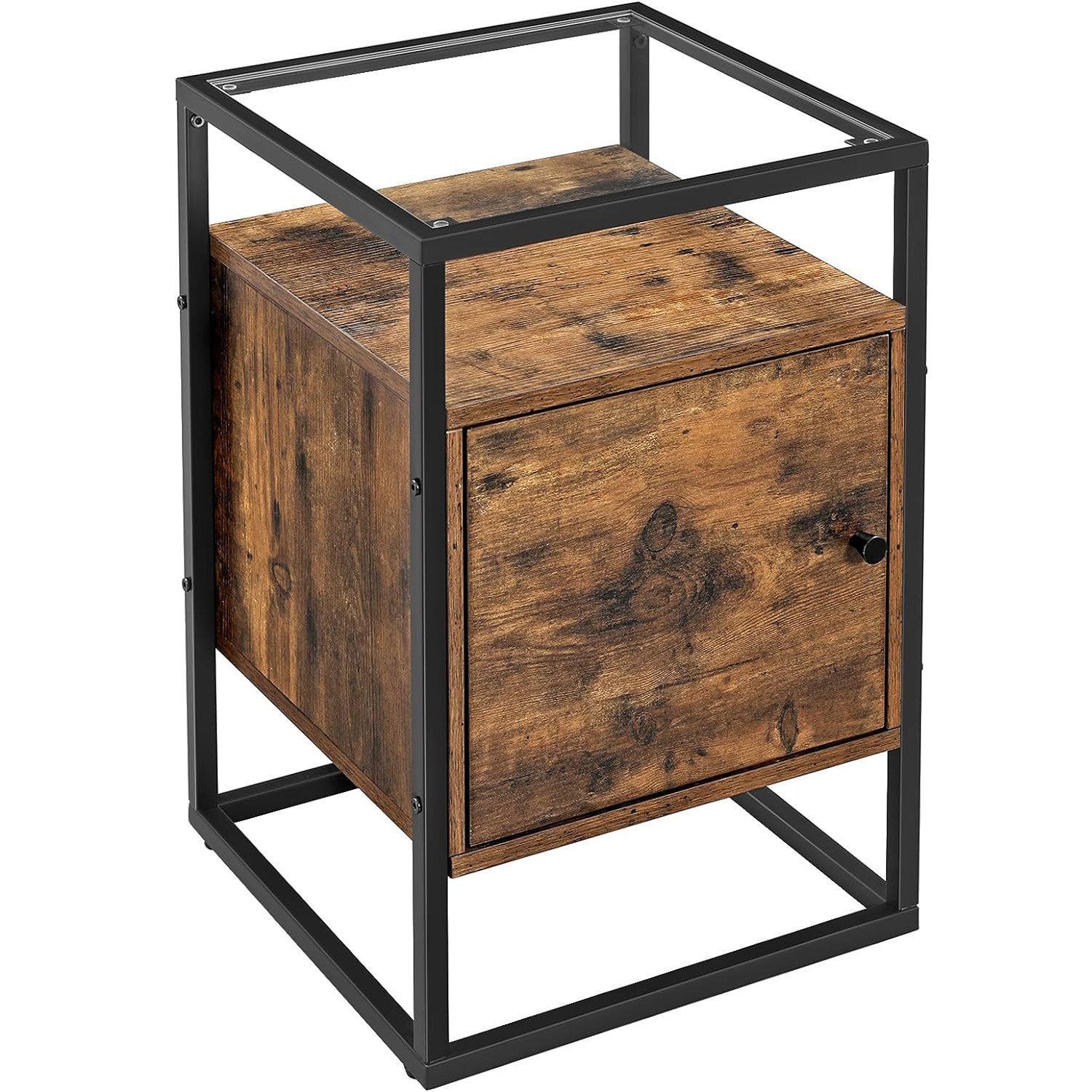 VASAGLE Noptiera cu spatiu de depozitare cu usa, blat din sticla, design industrial, 40x40x60cm, maro rustic 1 VASAGLE Noptiera cu spatiu de depozitare cu usa, blat din sticla, design industrial, 40x40x60cm, maro rustic