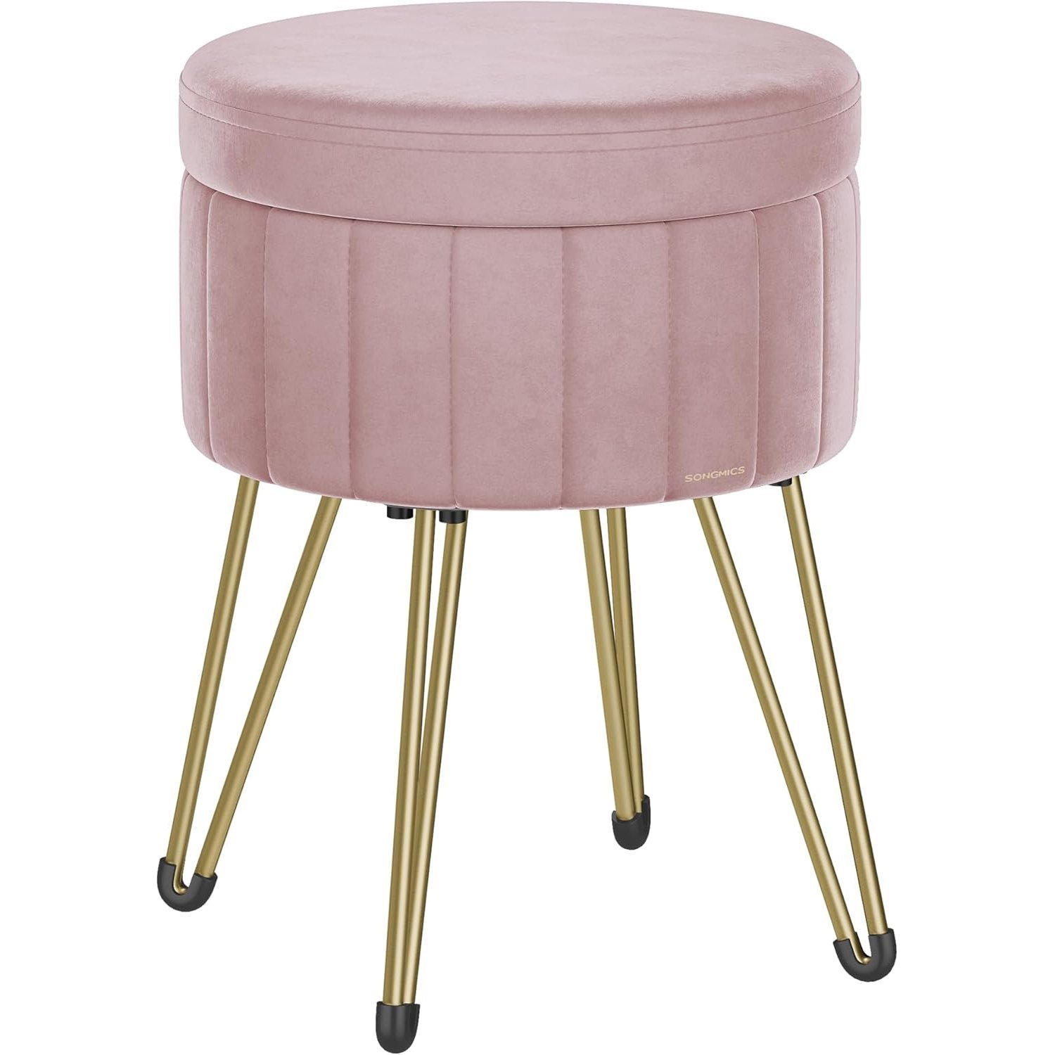 SONGMICS Taburet rotund cu spatiu de depozitare, tapitat catifea, 32x39x44 cm, roz