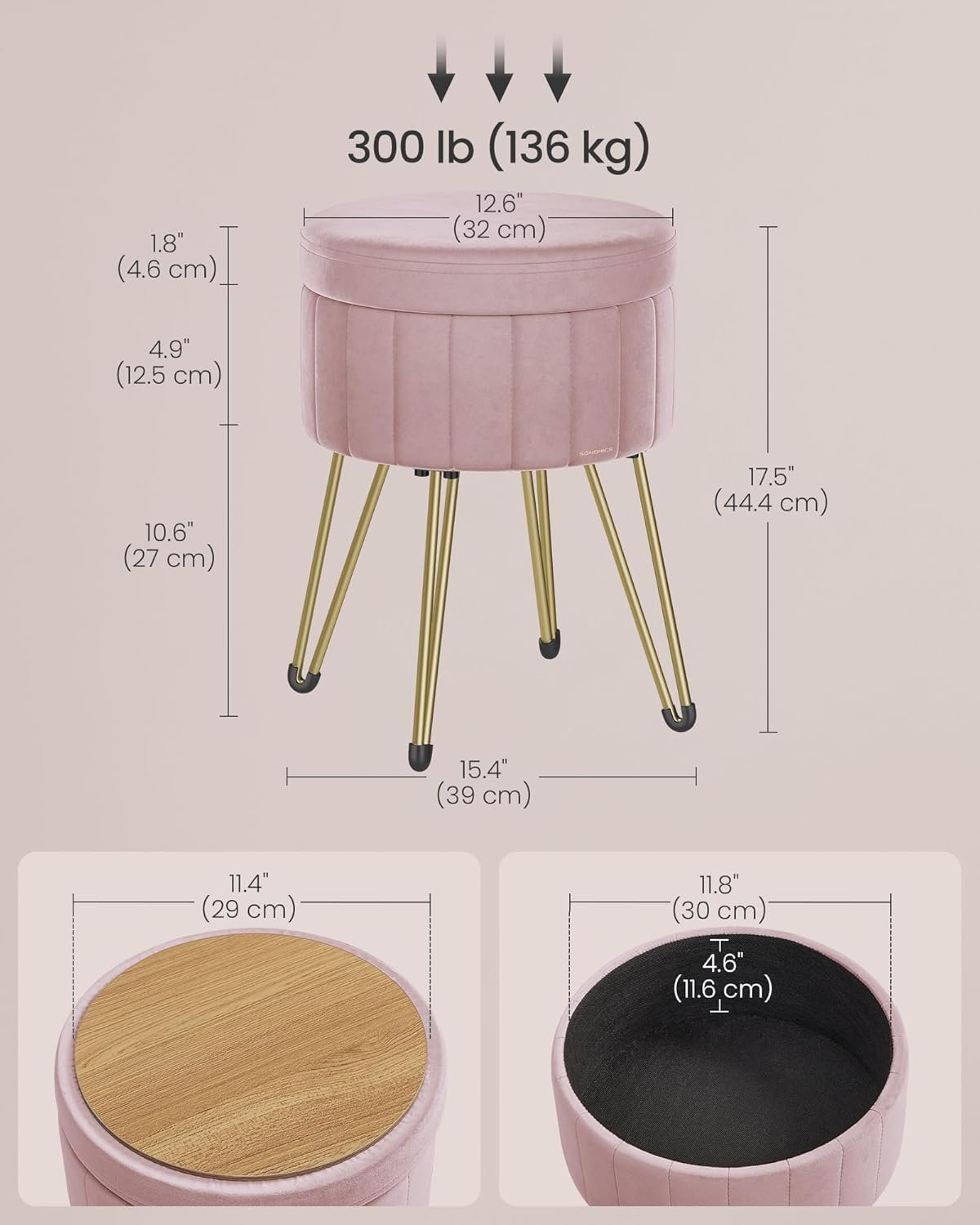 songmics taburet rotund cu spatiu de depozitare, tapitat catifea, 32x39x44 cm, roz 2 SONGMICS Taburet rotund cu spatiu de depozitare, tapitat catifea, 32x39x44 cm, roz - imagine 2