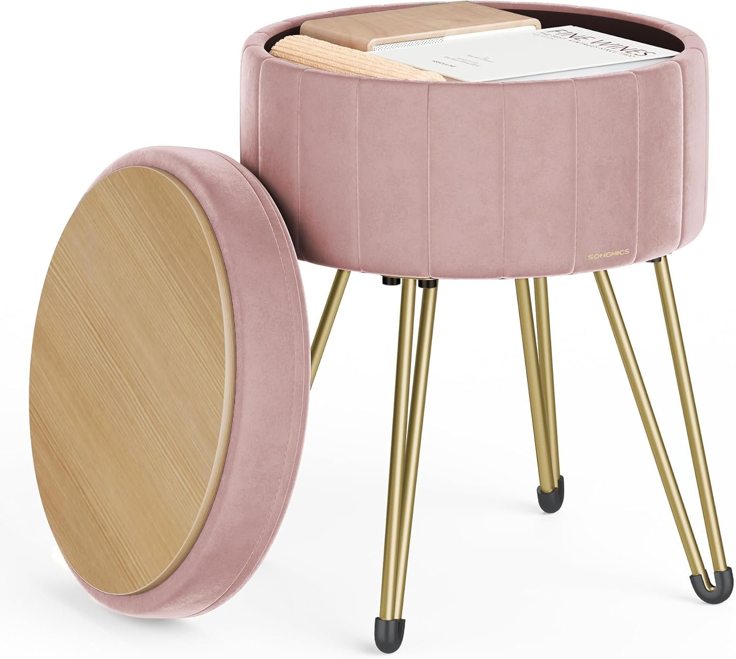 songmics taburet rotund cu spatiu de depozitare, tapitat catifea, 32x39x44 cm, roz 3 SONGMICS Taburet rotund cu spatiu de depozitare, tapitat catifea, 32x39x44 cm, roz - imagine 3