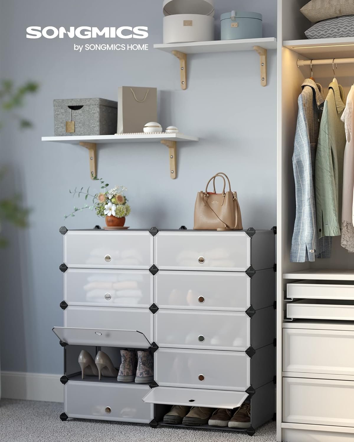 SONGMICS Dulap de depozitare pantofi modular, configurabil cu 10 compartimente, 43x31x173 cm, gri 2 SONGMICS Dulap de depozitare pantofi modular, configurabil cu 10 compartimente, 43x31x173 cm, gri - imagine 2