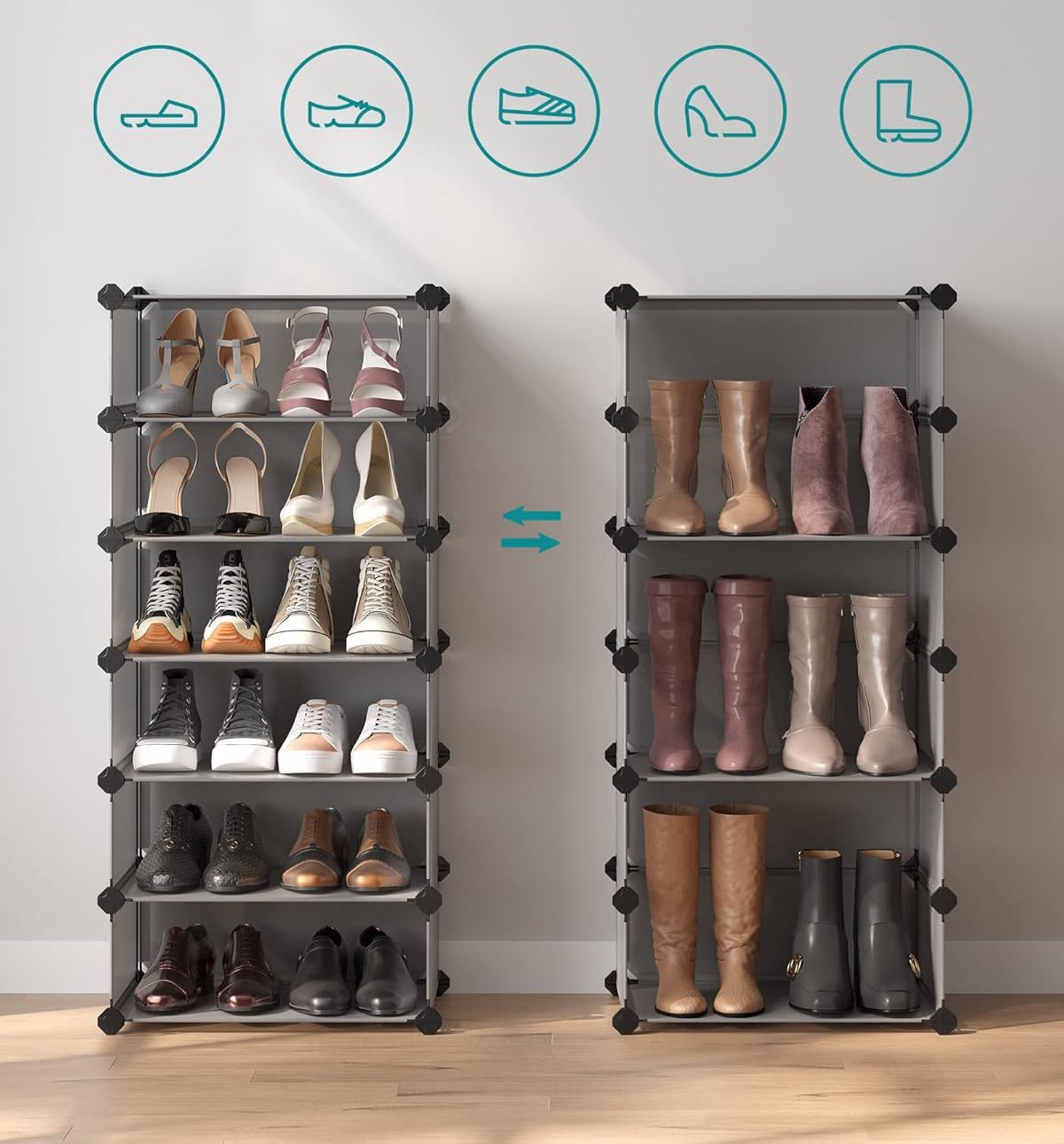 SONGMICS Dulap de depozitare pantofi modular, configurabil cu 10 compartimente, 43x31x173 cm, gri 3 SONGMICS Dulap de depozitare pantofi modular, configurabil cu 10 compartimente, 43x31x173 cm, gri - imagine 3