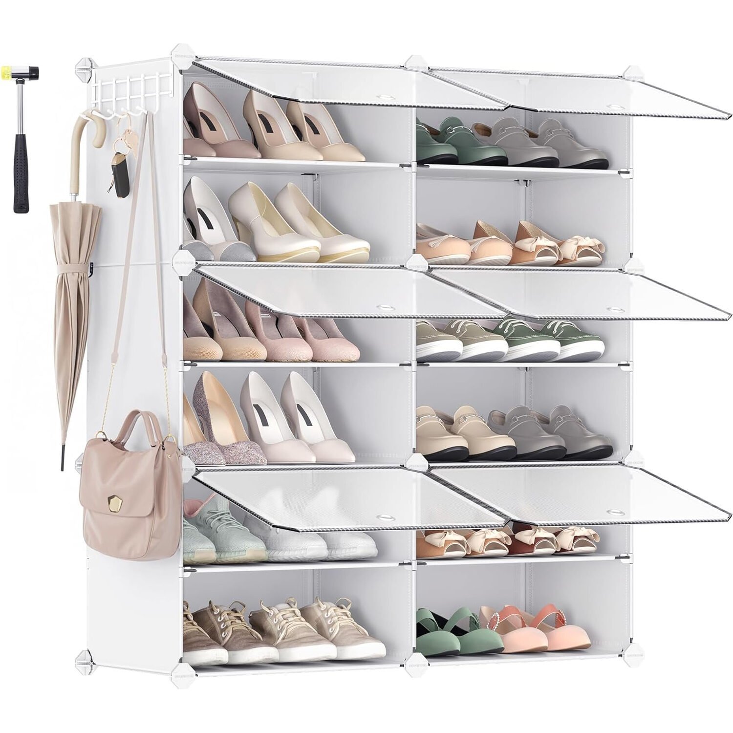 SONGMICS Dulap pantofi modular 6 compartimente, cu usi si cadru metalic, organizator incaltaminte, 32x124x94 cm, alb