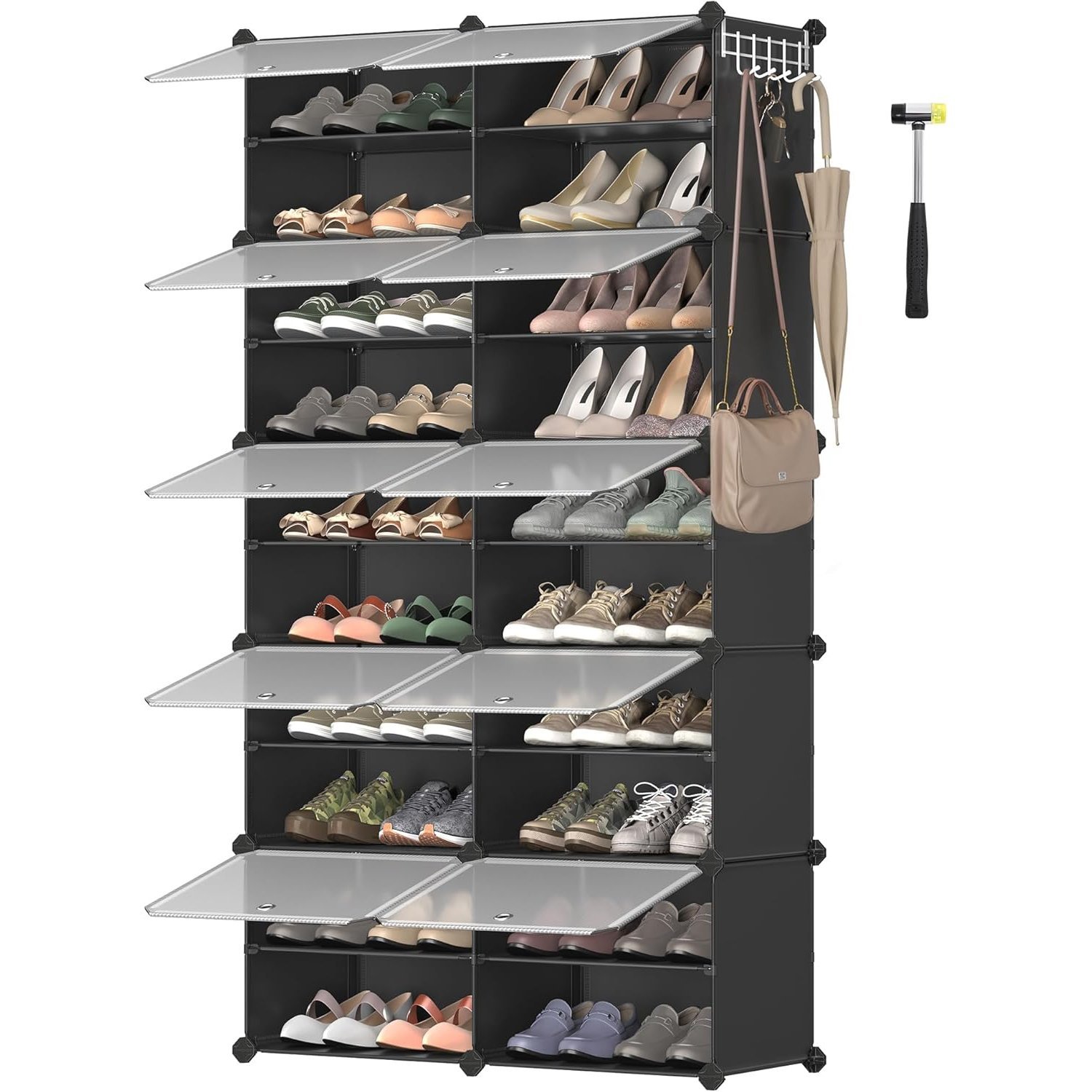 SONGMICS Dulap modular pantofi cu 10 compartimente, cu usi transparente, 83x32x156 cm, negru