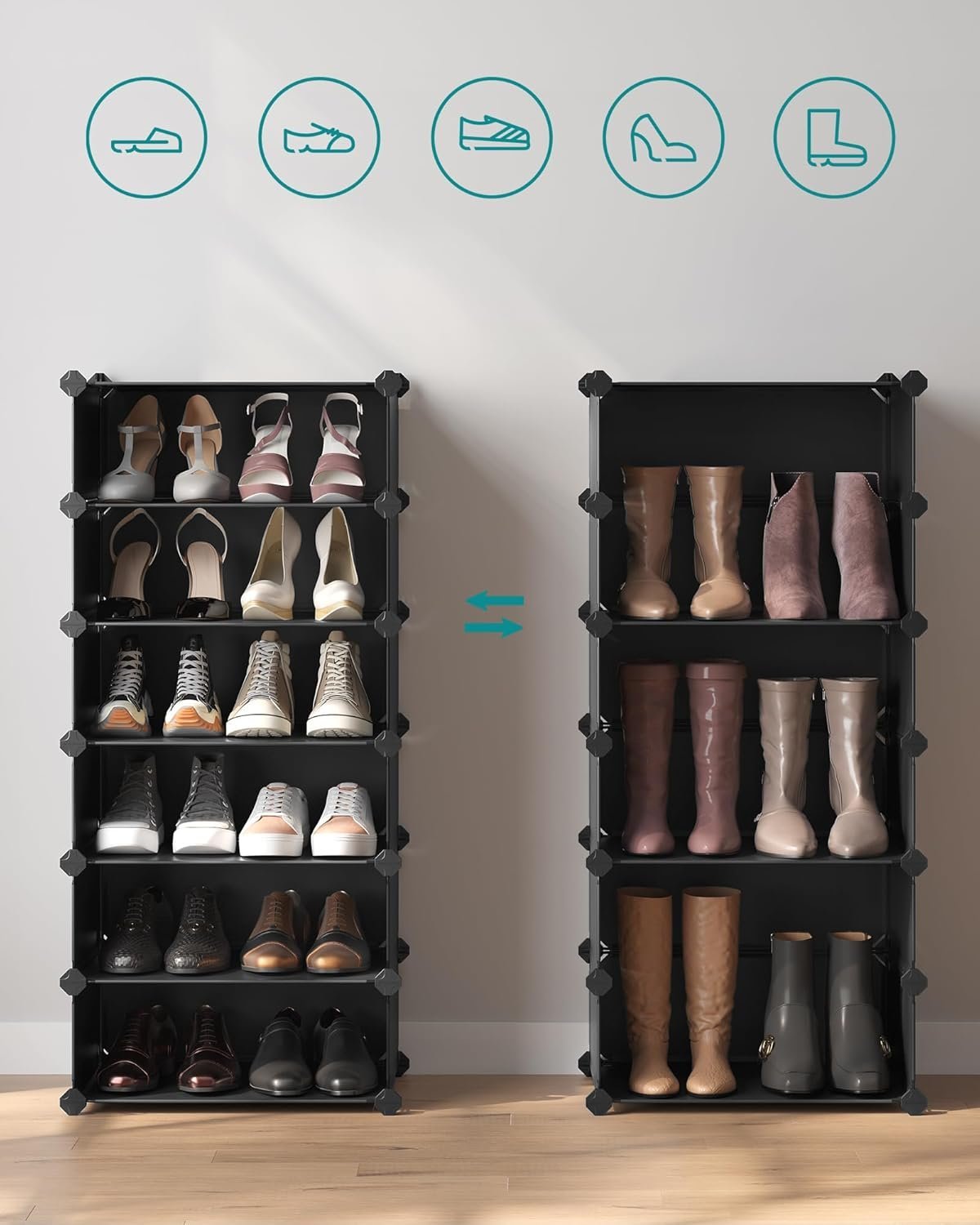 SONGMICS Dulap de depozitare pantofi modular, configurabil cu 10 compartimente, 43x31x173 cm, negru 3 SONGMICS Dulap de depozitare pantofi modular, configurabil cu 10 compartimente, 43x31x173 cm, negru - imagine 3