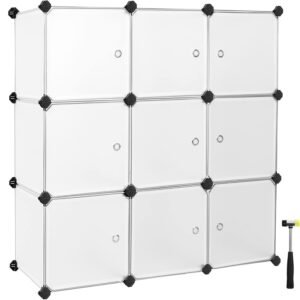 SONGMICS Organizator modular 93x31x93 cm, 9 cuburi cu usi, plastic si cadru metalic, alb