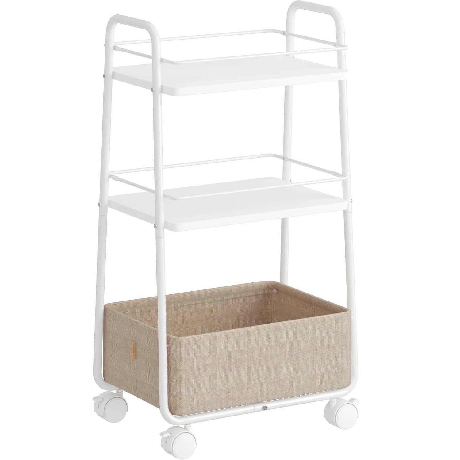 VASAGLE Carucior depozitare cu roti si cos textil, 3 niveluri, PAL si cadru metalic, alb si crem