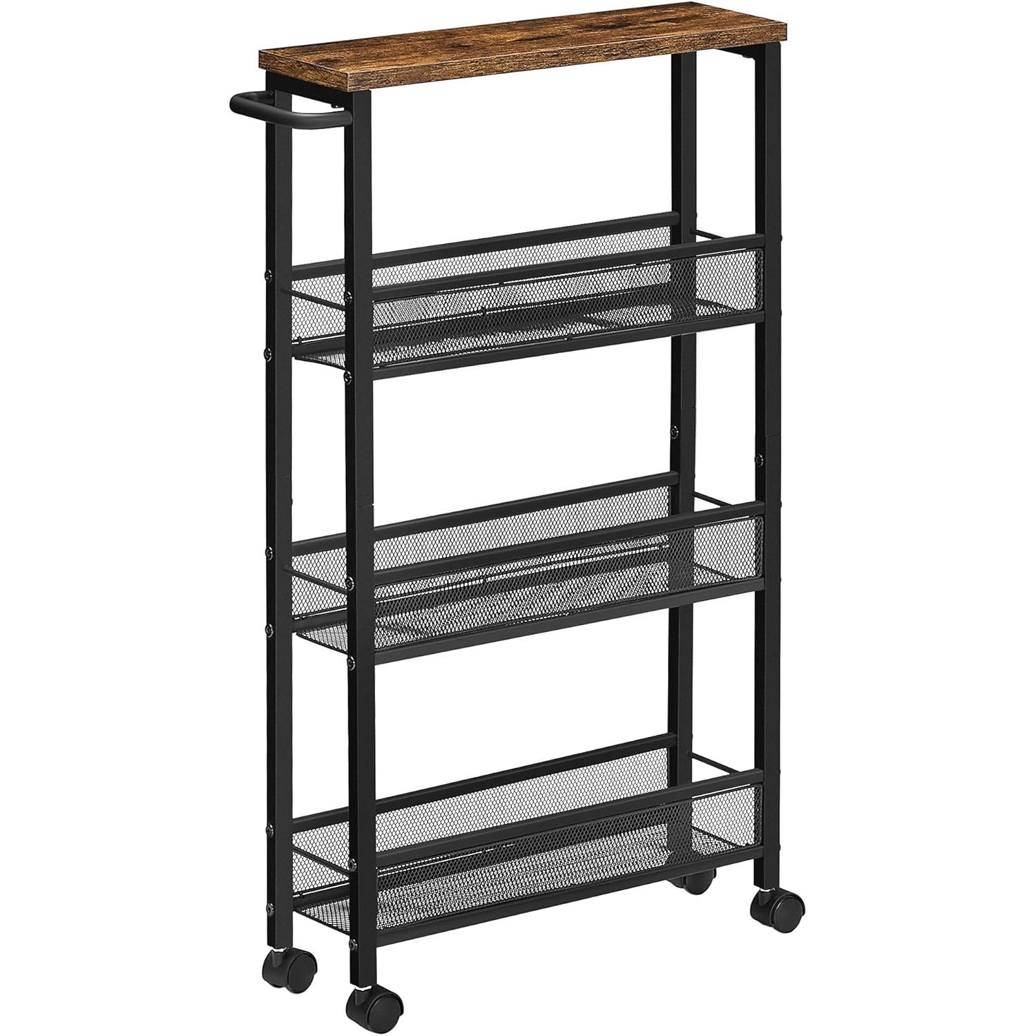 VASAGLE Carucior de bucatarie ingust cu roti, 4 niveluri, cadru metalic, 13x47x77 cm, maro rustic