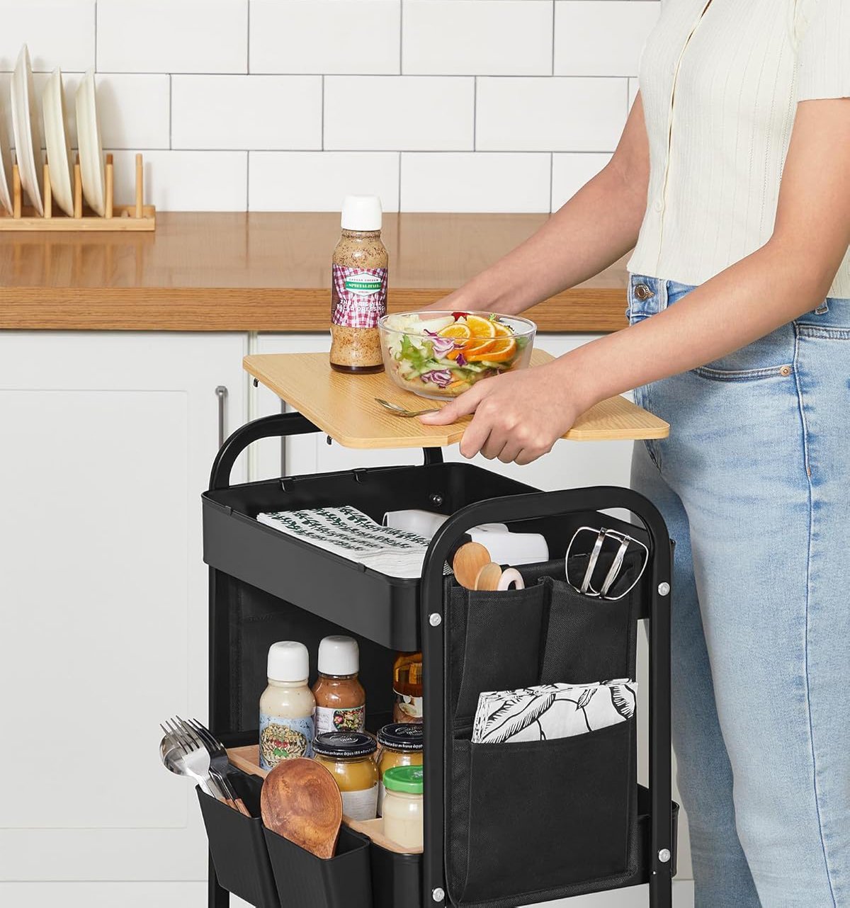 SONGMICS Raft de depozitare mobil tip carucior rulant, pentru baie sau bucatarie, cadru otel cu blat MDF, 31x44x74 cm, negru 3 SONGMICS Raft de depozitare mobil tip carucior rulant, pentru baie sau bucatarie, cadru otel cu blat MDF, 31x44x74 cm, negru - imagine 3