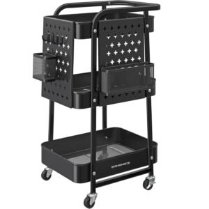 SONGMICS Raft de depozitare mobil tip carucior rulant, pentru baie sau bucatarie, cadru otel, 32x43x74 cm, negru