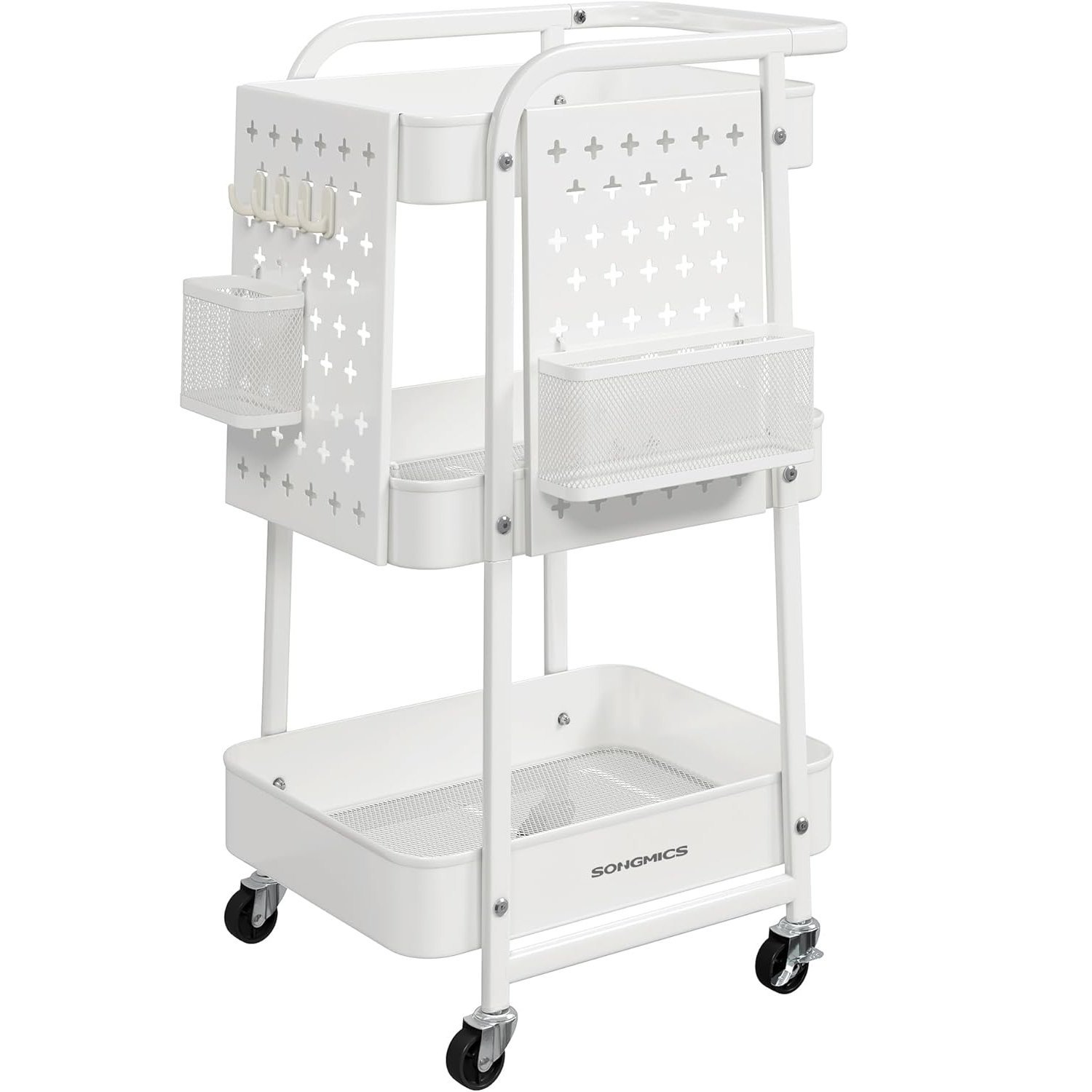 SONGMICS Raft de depozitare mobil tip carucior rulant, pentru baie sau bucatarie, cadru otel, 32x43x74 cm, alb