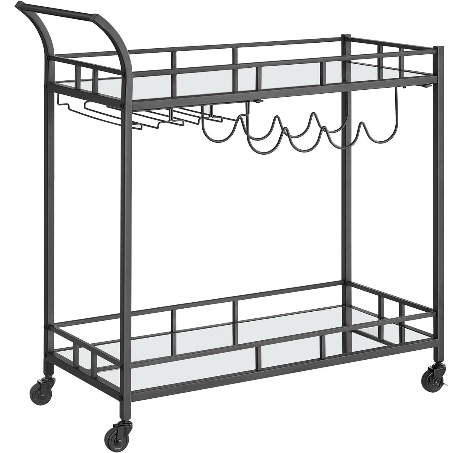 VASAGLE Carucior de servire pentru vin, suport sticle si pahare, cu 2 rafturi din sticla, 38x86x90 cm, negru