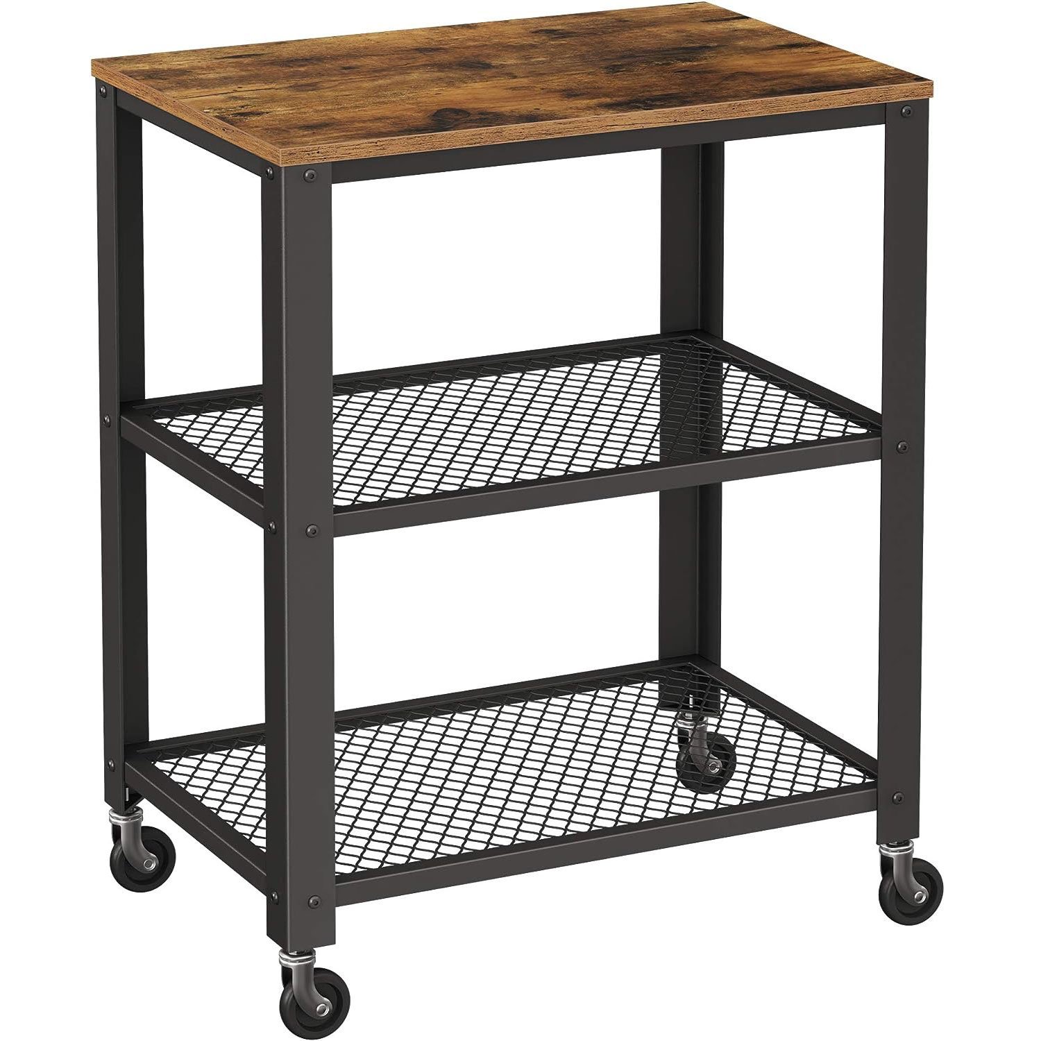 VASAGLE Carucior de servire pe roti, cu polite, pentru bucatarie, 40x60x77cm, industrial, maro rustic