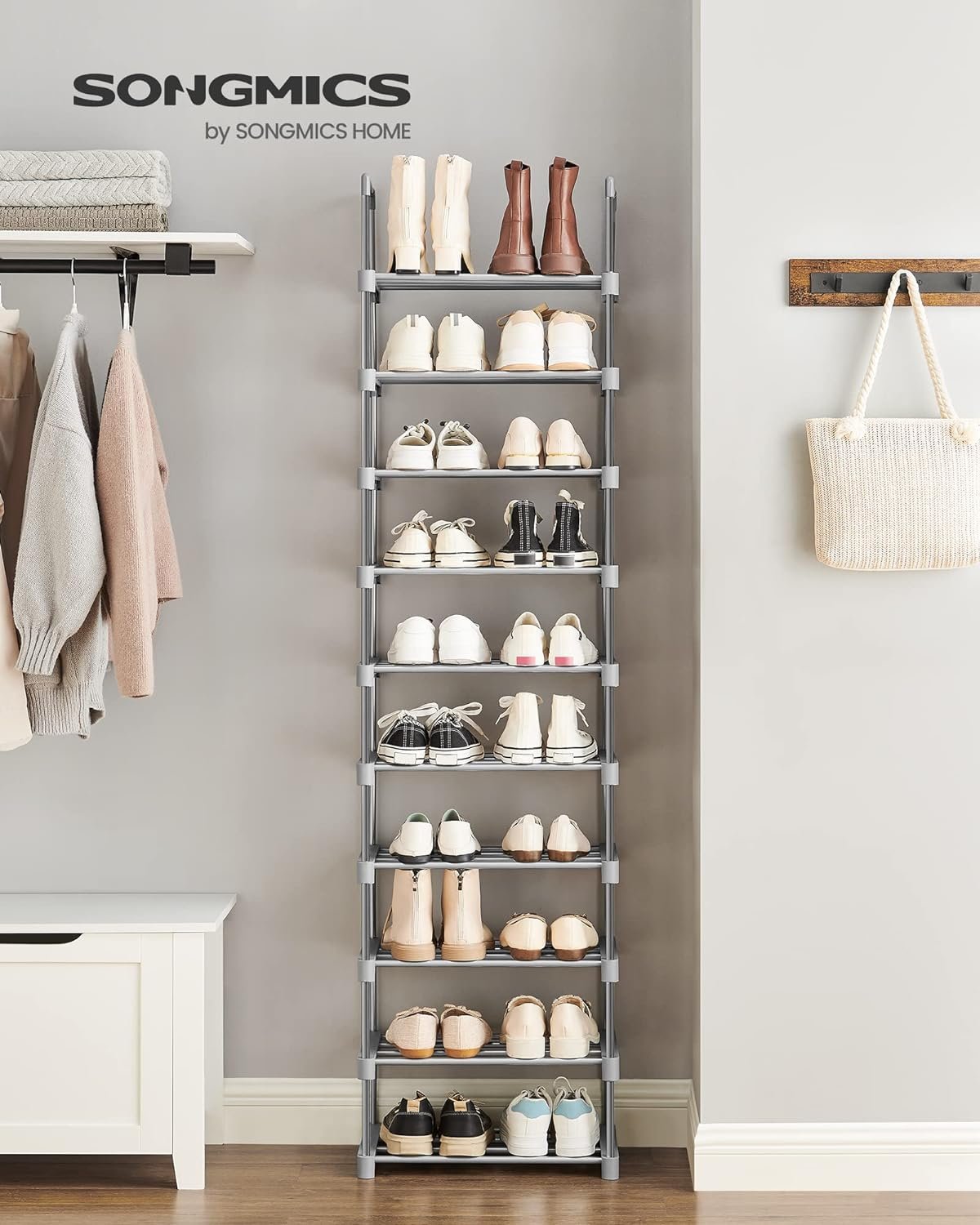songmics suport pentru pantofi, cadru metalic cu 10 nivele, design personalizabil, 30x45x174cm, gri 2 SONGMICS Suport pentru pantofi, cadru metalic cu 10 nivele, design personalizabil, 30x45x174cm, gri - imagine 2
