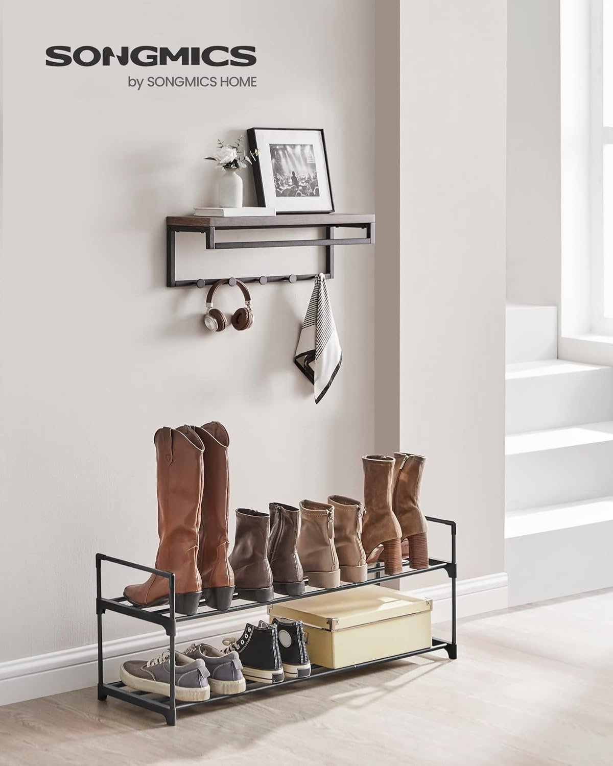 songmics suport pantofi 92x30x34 cm, 2 niveluri, suprapozabil, structura metalica, negru 2 SONGMICS Suport pantofi 92x30x34 cm, 2 niveluri, suprapozabil, structura metalica, negru - imagine 2