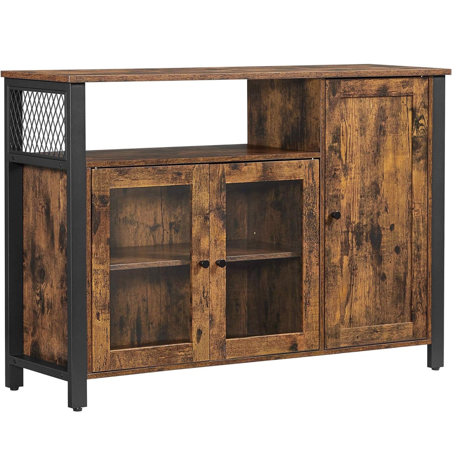VASAGLE Dulap de depozitare tip bufet, cu 3 usi, stil industrial, 110x33x75cm, maro rustic si negru