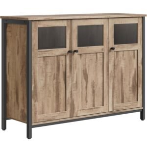 VASAGLE Dulap bucatarie cu 3 usi, rafturi reglabile, cadru metalic, stil industrial, 100x35x75 cm, maro