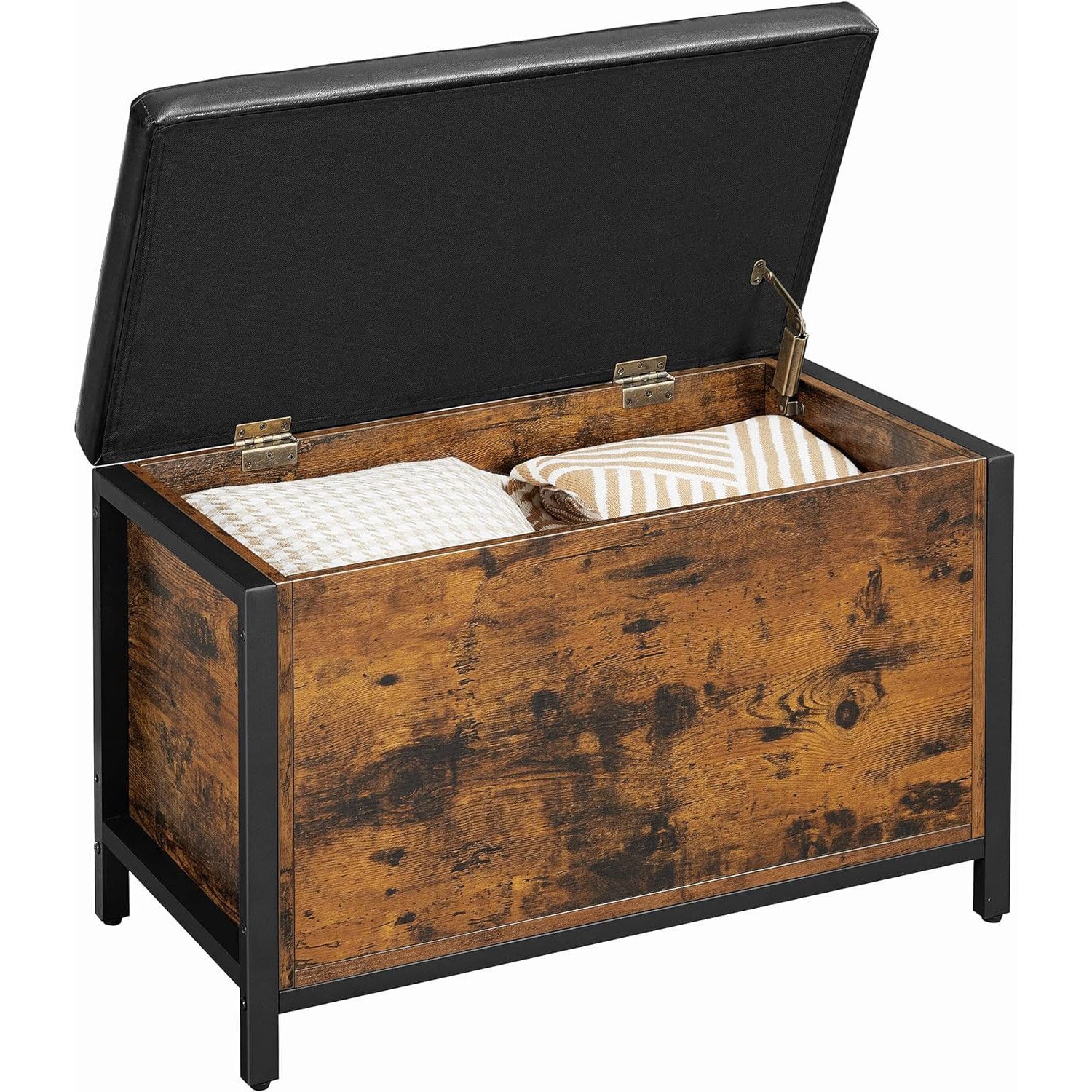 VASAGLE Banca cu lada de depozitare, perna captusita, piele sintetica neagra, 40x80x50cm, maro rustic