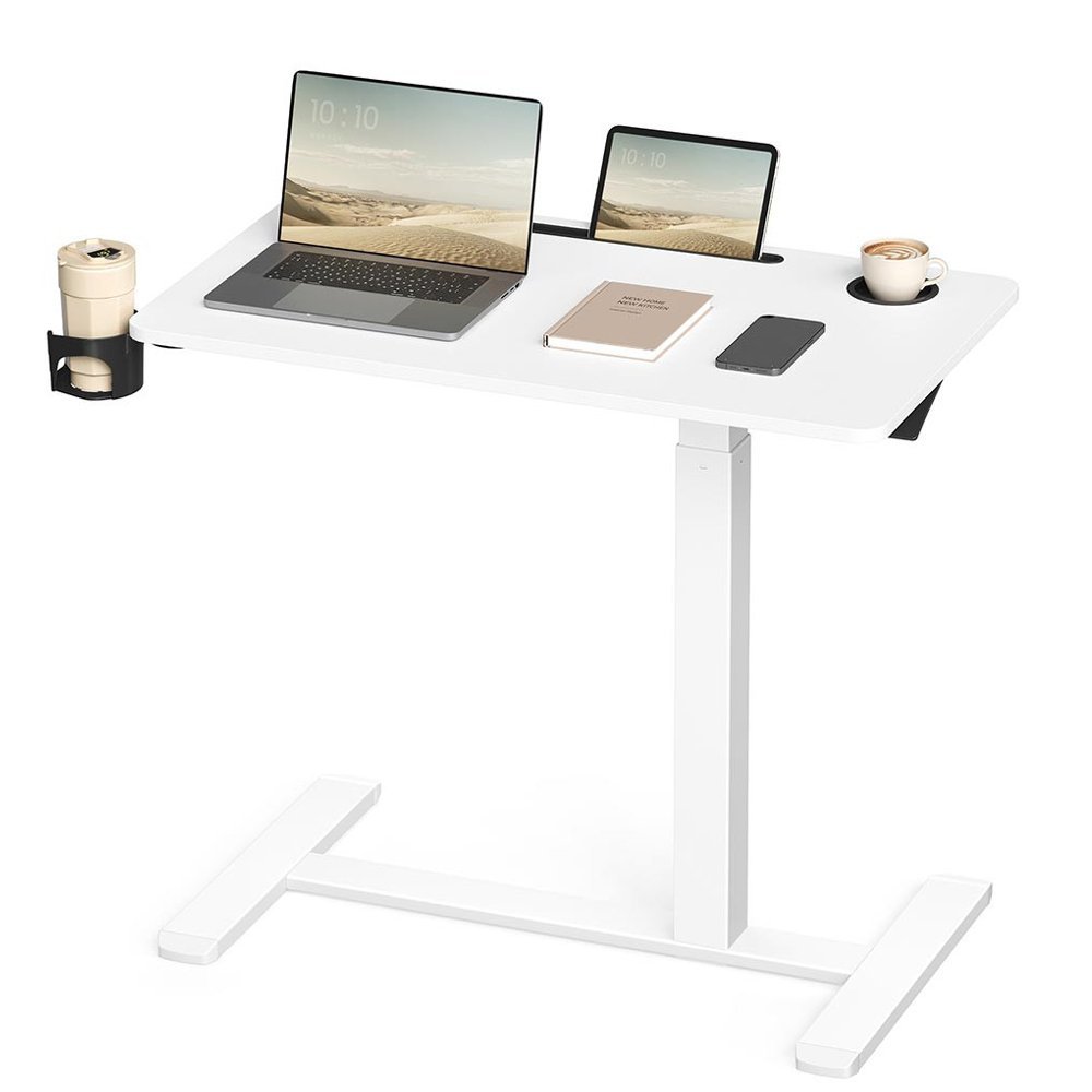 VASAGLE Masa tip birou, ajustabila cu roti pentru pat sau canapea, blat 80×45 cm, inaltime reglabila 65-102 cm, alb