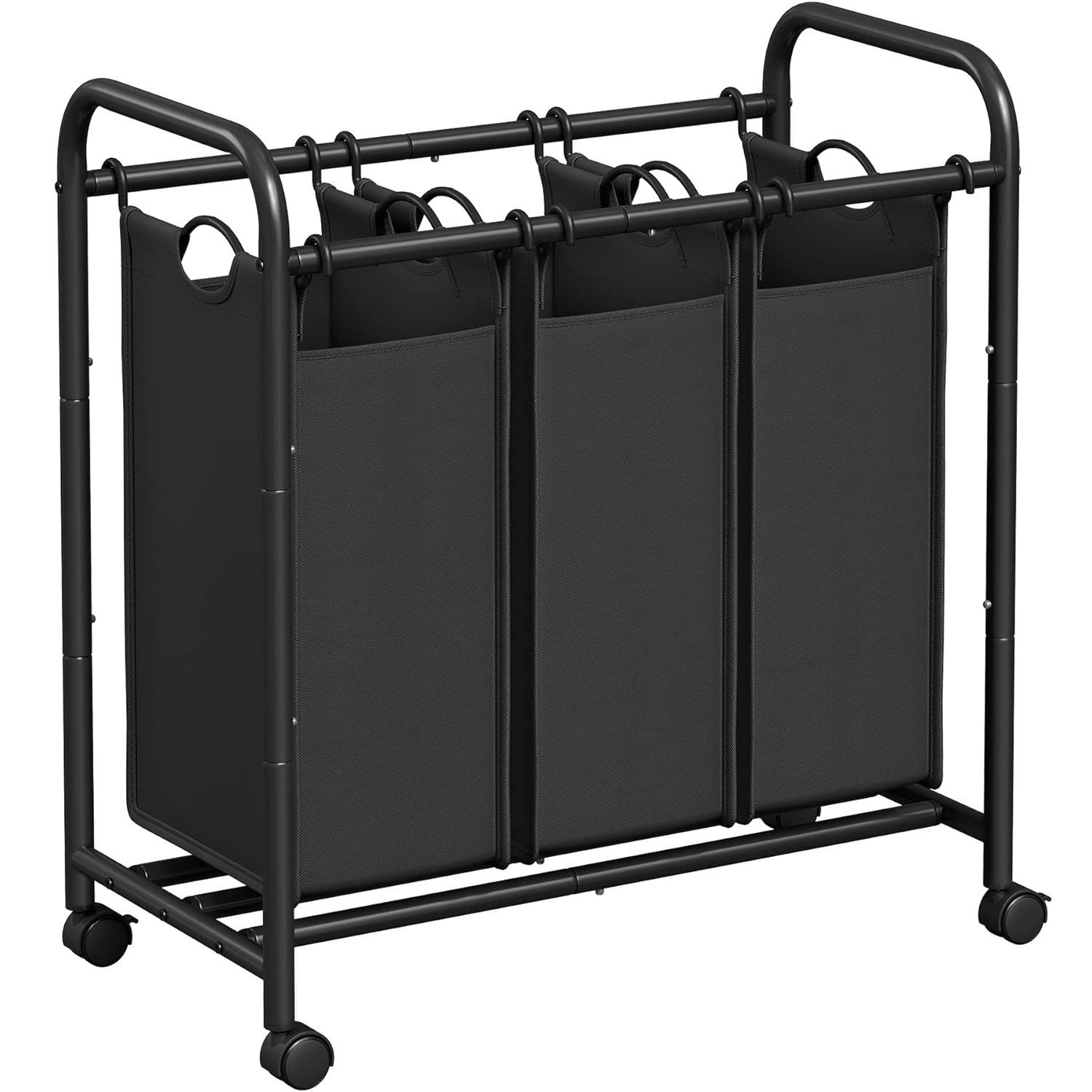 SONGMICS Cos de rufe cu 3 saci detasabili, structura metalica pe roti, 3x44L, 77x41x82cm, negru