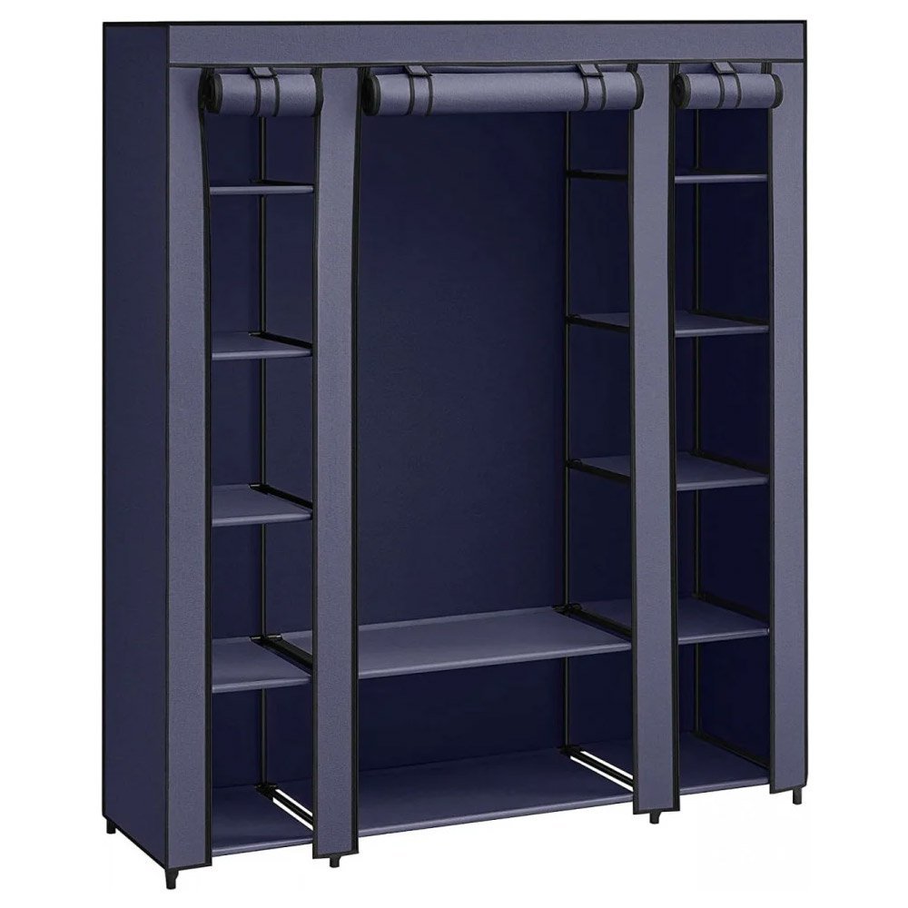 SONGMICS Garderoba din material textil, dulap portabil, cu rafturi si sina de agatat, 150x45x175cm, albastru