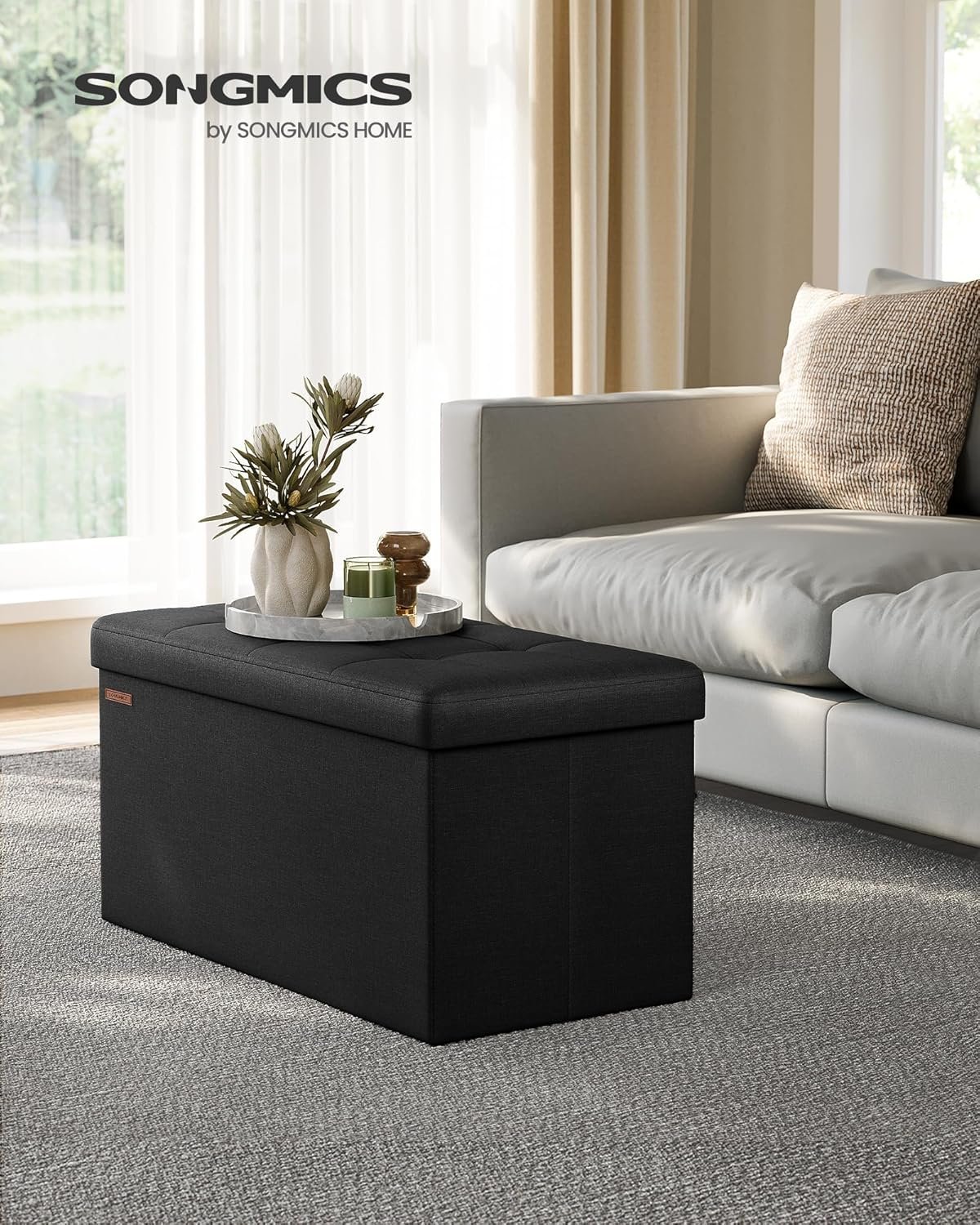 SONGMICS Taburet pliabil cu sezut moale, spatiu de depozitare 89 litri, maxim 300kg, 76x38x38 cm, negru