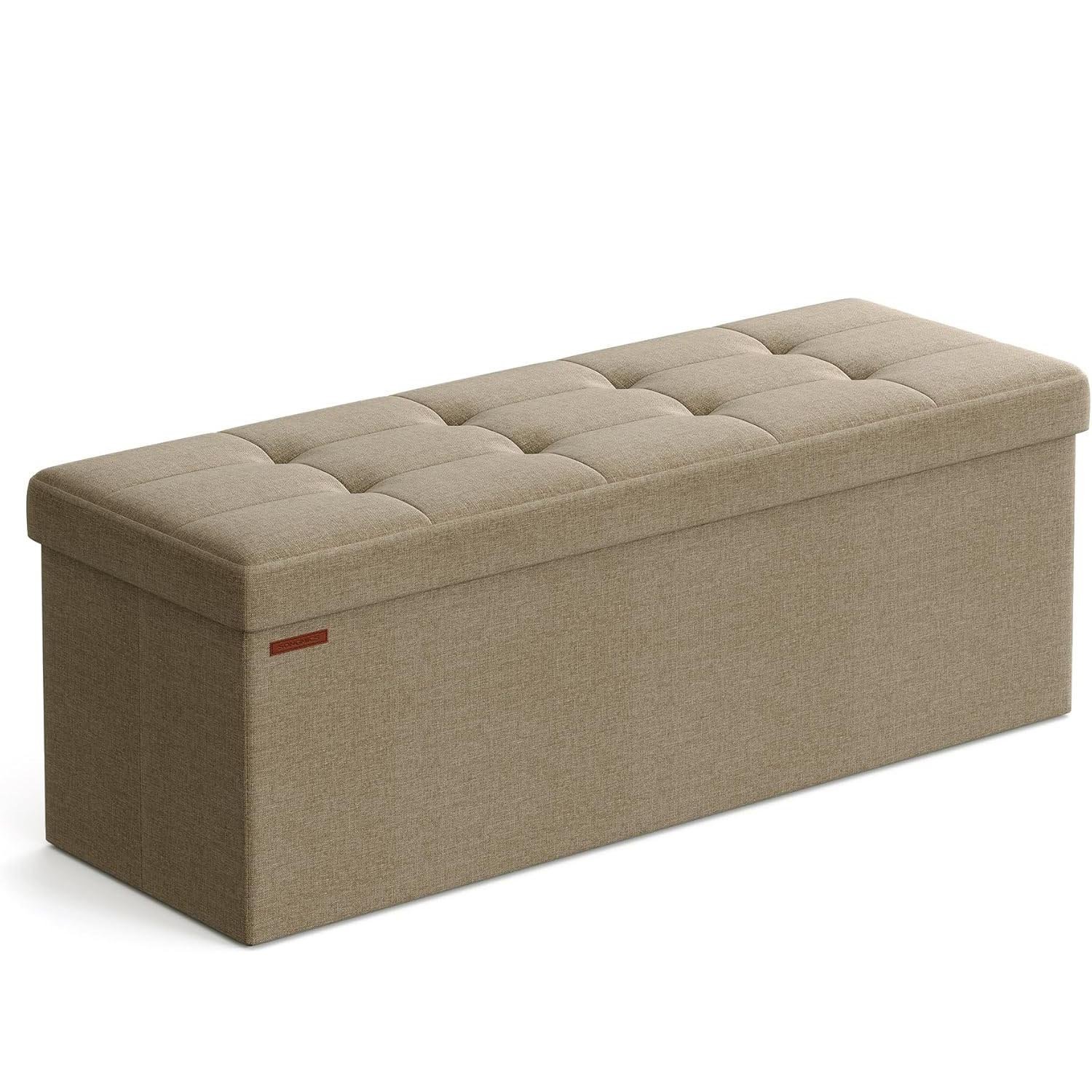 SONGMICS bancheta pliabila cu spatiu de depozitare 110x38x38 cm, MDF si material textil, capacitate 300 kg, maro camel