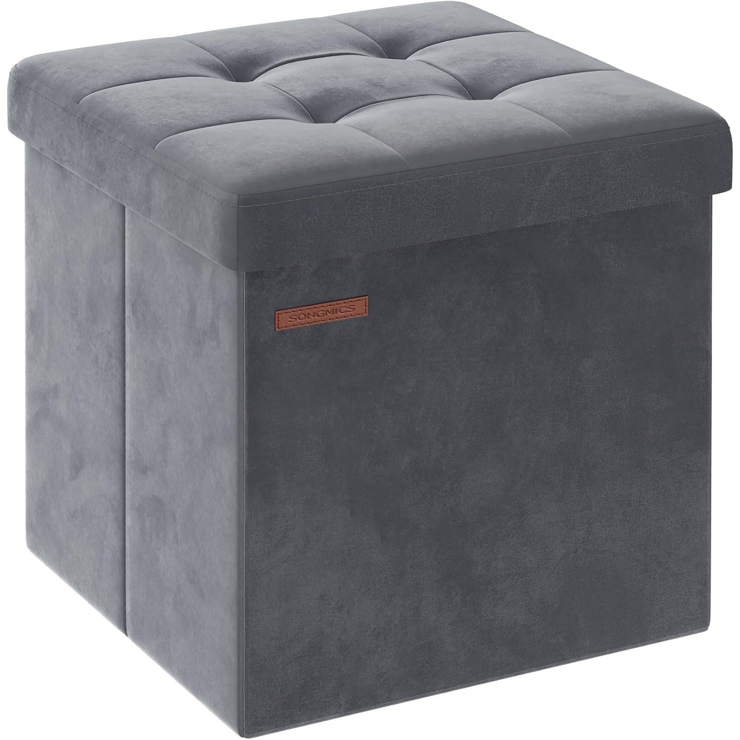 SONGMICS Taburet pliabil cu spatiu depozitare, tapiterie catifea, structura MDF, 38x38x38 cm, gri