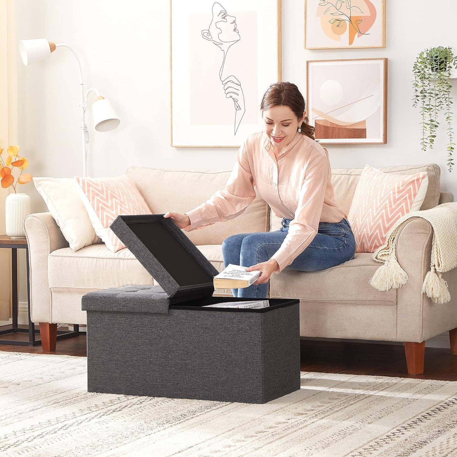 songmics taburet pliabil cu sezut moale, spatiu de depozitare 80litri, maxim 300kg, 76x38x38cm, gri 2 SONGMICS Taburet pliabil cu sezut moale, spatiu de depozitare 80litri, maxim 300kg, 76x38x38cm, gri - imagine 2