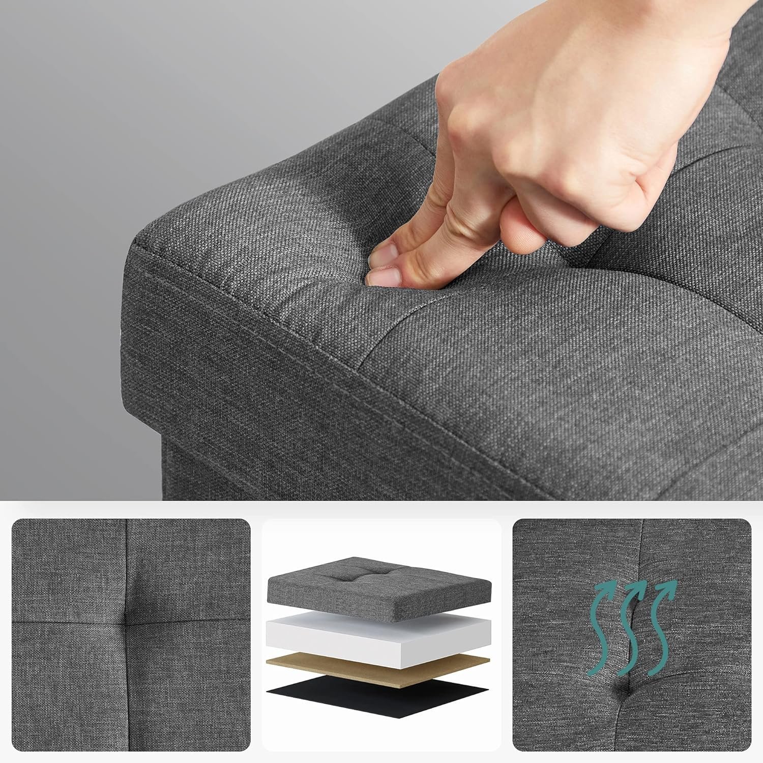 songmics taburet pliabil cu sezut moale, spatiu de depozitare 80litri, maxim 300kg, 76x38x38cm, gri 4 SONGMICS Taburet pliabil cu sezut moale, spatiu de depozitare 80litri, maxim 300kg, 76x38x38cm, gri - imagine 4