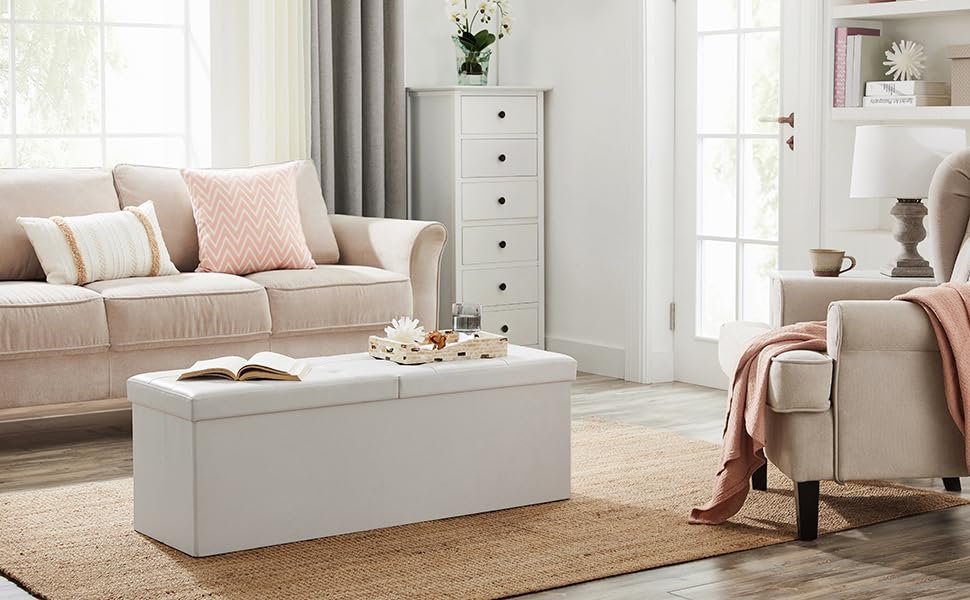 songmics taburet pliabil cu sezut moale, spatiu de depozitare 120litri, maxim 300kg, 110x38x38cm, alb 2 SONGMICS Taburet pliabil cu sezut moale, spatiu de depozitare 120litri, maxim 300kg, 110x38x38cm, alb - imagine 2