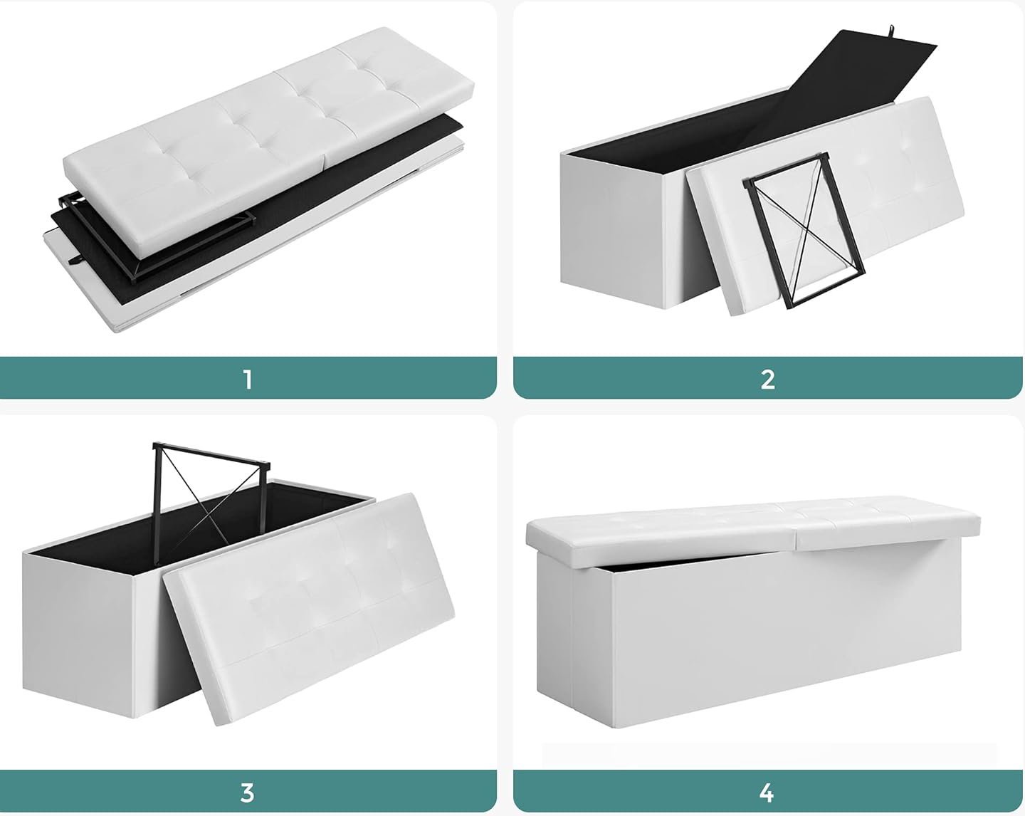songmics taburet pliabil cu sezut moale, spatiu de depozitare 120litri, maxim 300kg, 110x38x38cm, alb 3 SONGMICS Taburet pliabil cu sezut moale, spatiu de depozitare 120litri, maxim 300kg, 110x38x38cm, alb - imagine 3