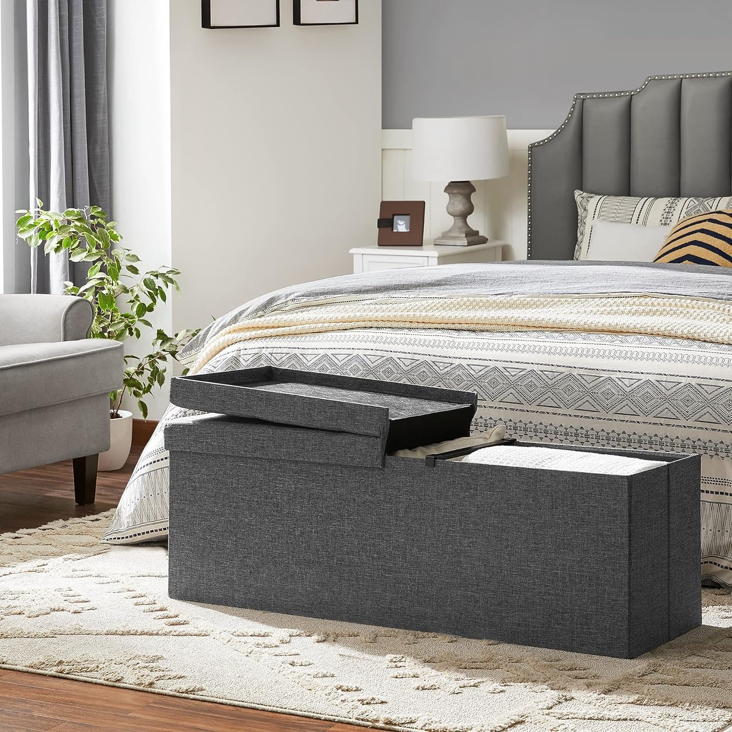 songmics taburet pliabil cu sezut moale, spatiu de depozitare 120litri, maxim 300kg, 110x38x38cm, gri 2 SONGMICS Taburet pliabil cu sezut moale, spatiu de depozitare 120litri, maxim 300kg, 110x38x38cm, gri - imagine 2