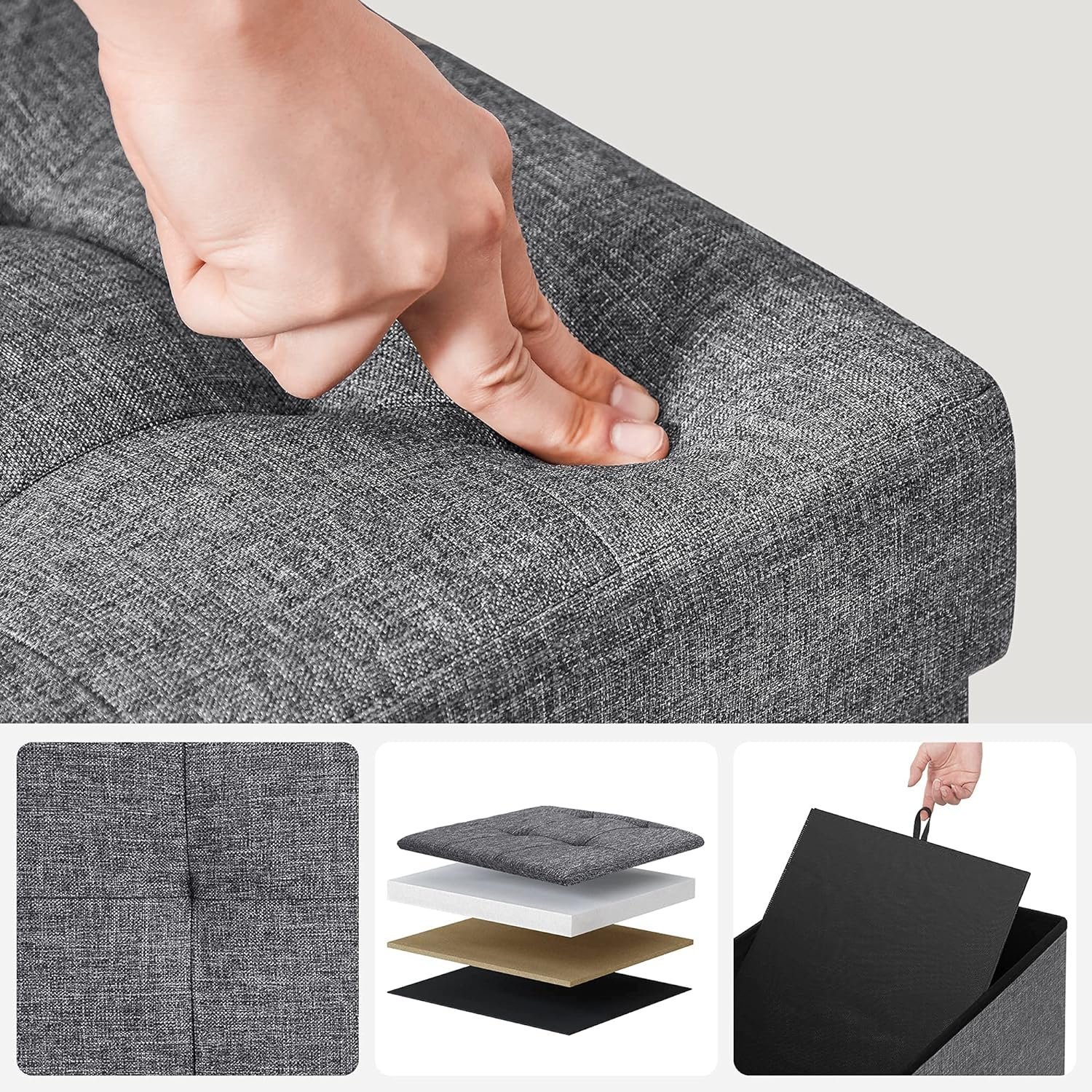 songmics taburet pliabil cu sezut moale, spatiu de depozitare 120litri, maxim 300kg, 110x38x38cm, gri 3 SONGMICS Taburet pliabil cu sezut moale, spatiu de depozitare 120litri, maxim 300kg, 110x38x38cm, gri - imagine 3