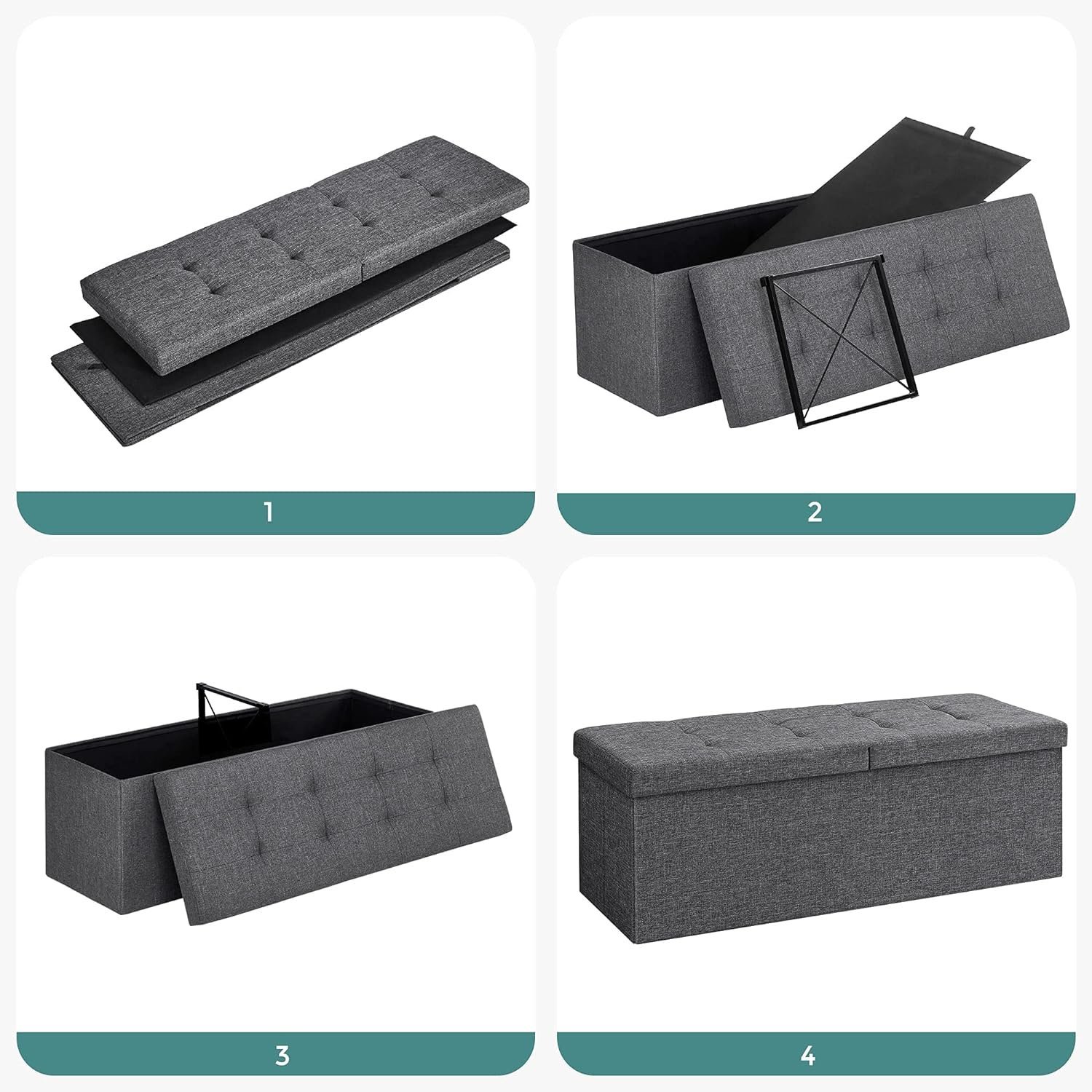 songmics taburet pliabil cu sezut moale, spatiu de depozitare 120litri, maxim 300kg, 110x38x38cm, gri 4 SONGMICS Taburet pliabil cu sezut moale, spatiu de depozitare 120litri, maxim 300kg, 110x38x38cm, gri - imagine 4