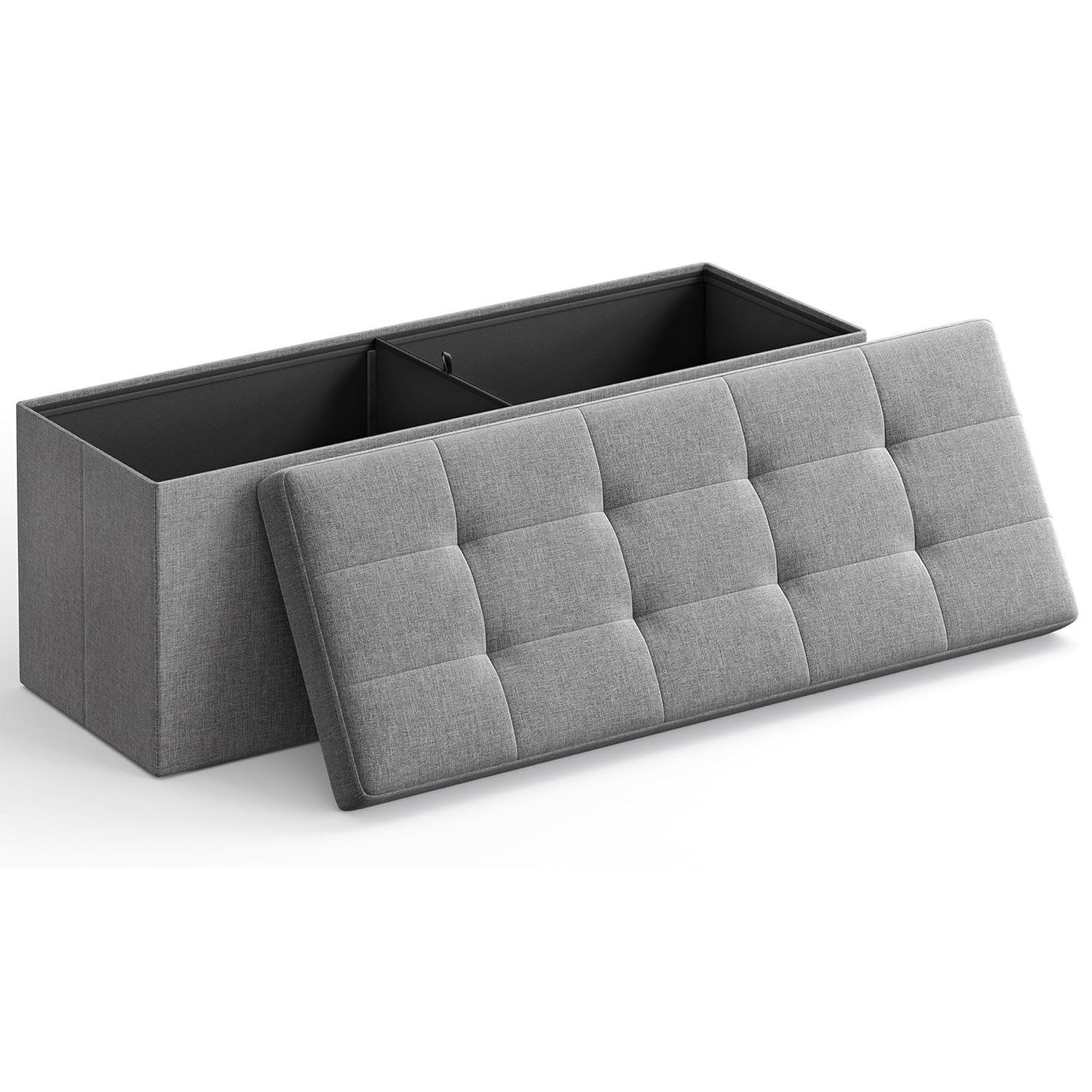 SONGMICS Taburet pliabil cu sezut moale, spatiu de depozitare 131litri, maxim 300kg, 110x38x38cm, gri