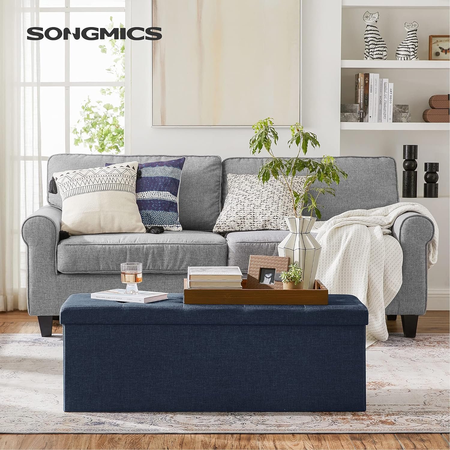 songmics taburet pliabil cu sezut moale, spatiu de depozitare 131litri, maxim 300kg, 110x38x38cm, albastru inchis 2 SONGMICS Taburet pliabil cu sezut moale, spatiu de depozitare 131litri, maxim 300kg, 110x38x38cm, albastru inchis - imagine 2
