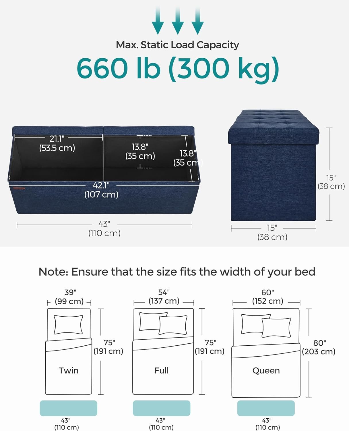 songmics taburet pliabil cu sezut moale, spatiu de depozitare 131litri, maxim 300kg, 110x38x38cm, albastru inchis 3 SONGMICS Taburet pliabil cu sezut moale, spatiu de depozitare 131litri, maxim 300kg, 110x38x38cm, albastru inchis - imagine 3