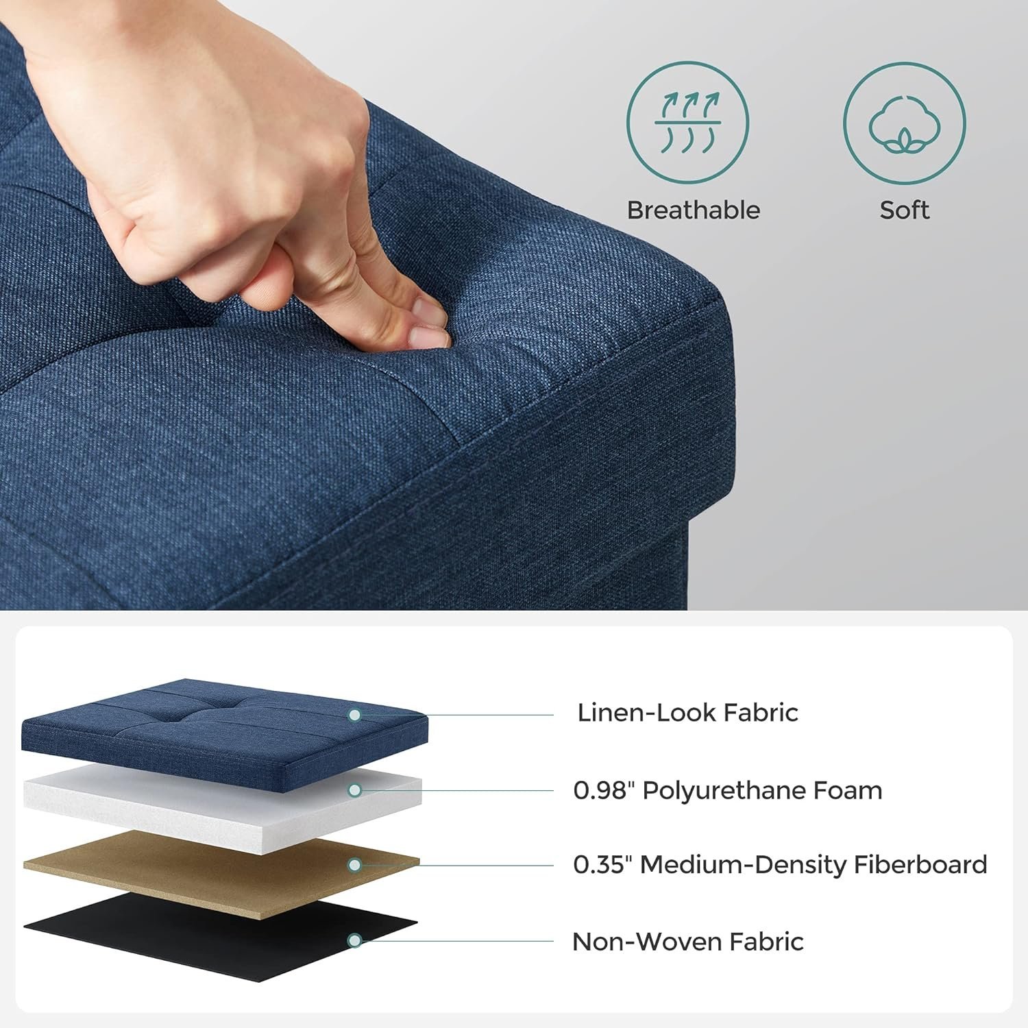 songmics taburet pliabil cu sezut moale, spatiu de depozitare 131litri, maxim 300kg, 110x38x38cm, albastru inchis 4 SONGMICS Taburet pliabil cu sezut moale, spatiu de depozitare 131litri, maxim 300kg, 110x38x38cm, albastru inchis - imagine 4